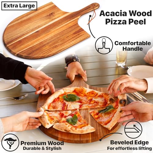 KitchenStar 16-inch Pizza Making Set, 4 Essential Tools - Pizza Stone + Stainless Steel Rack, Acacia Wood Pizza Peel, Pizza Cutter Rocker + Protective Cover, Metal Brush - Oven & Grill Accessories Kit - Image 5