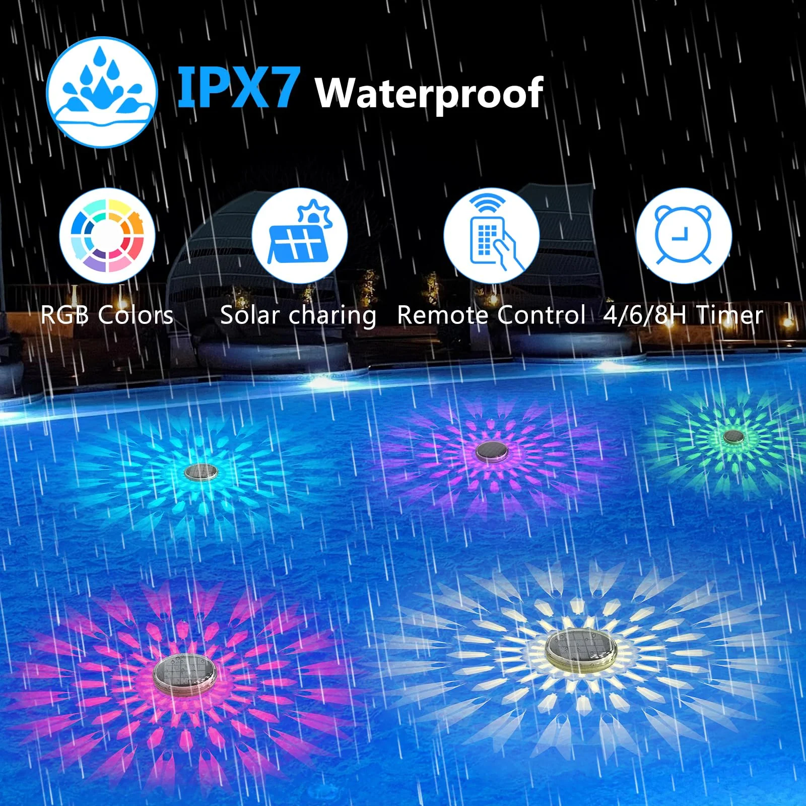 Kitloo Solar Rechargeable Floating Pool Lights(4 Pack), Pool Lights That Float with Remote Control, 9 Lighting, Timing Mode, IPX7 Waterproof for Inground Pool, Bathroom, Bathtub, Pool Party - Image 5
