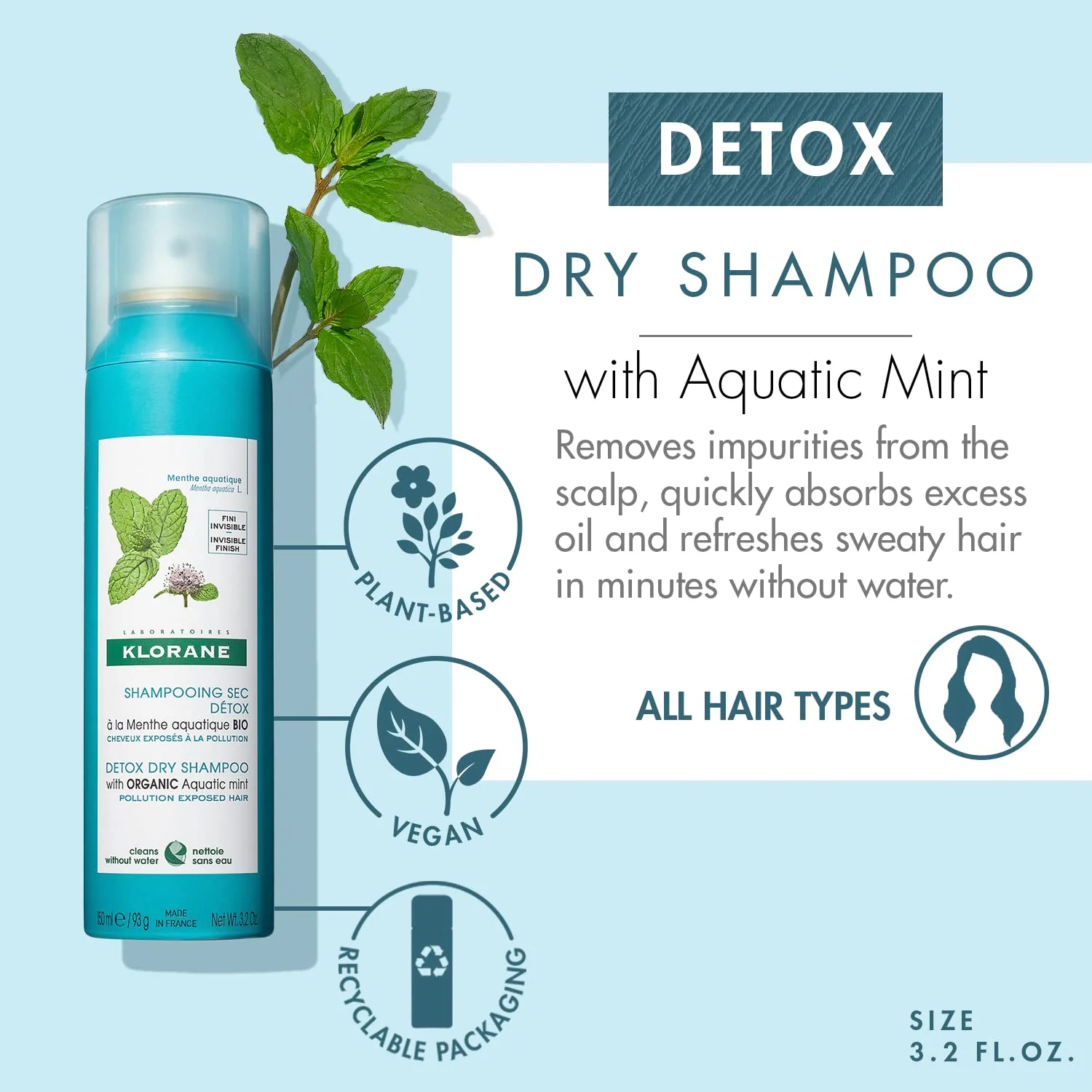 Klorane Detox Dry Shampoo with Aquatic Mint, All Hair Types, Invisible Finish, Cooling, Paraben & Sulfate-Free, 3.2 oz. - Image 3