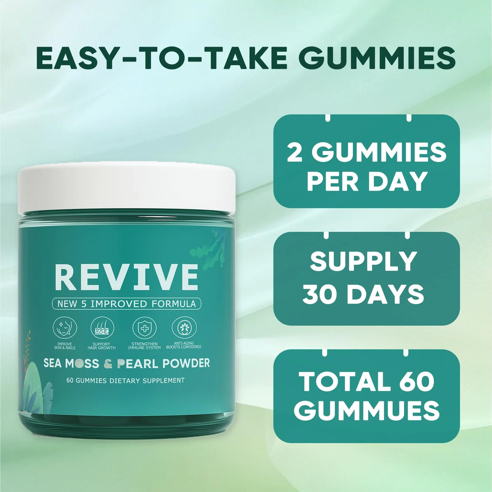 KLUNIZ Revive Hair Gummies, Balmbare Revive Gummies for Hair, Promotes Thicker, Fuller, Stronger Hair, with Organic Irish Sea Moss, Pearl Powder Glow, Vitamin C/E, Aloe Vera, 60 Count - Image 2