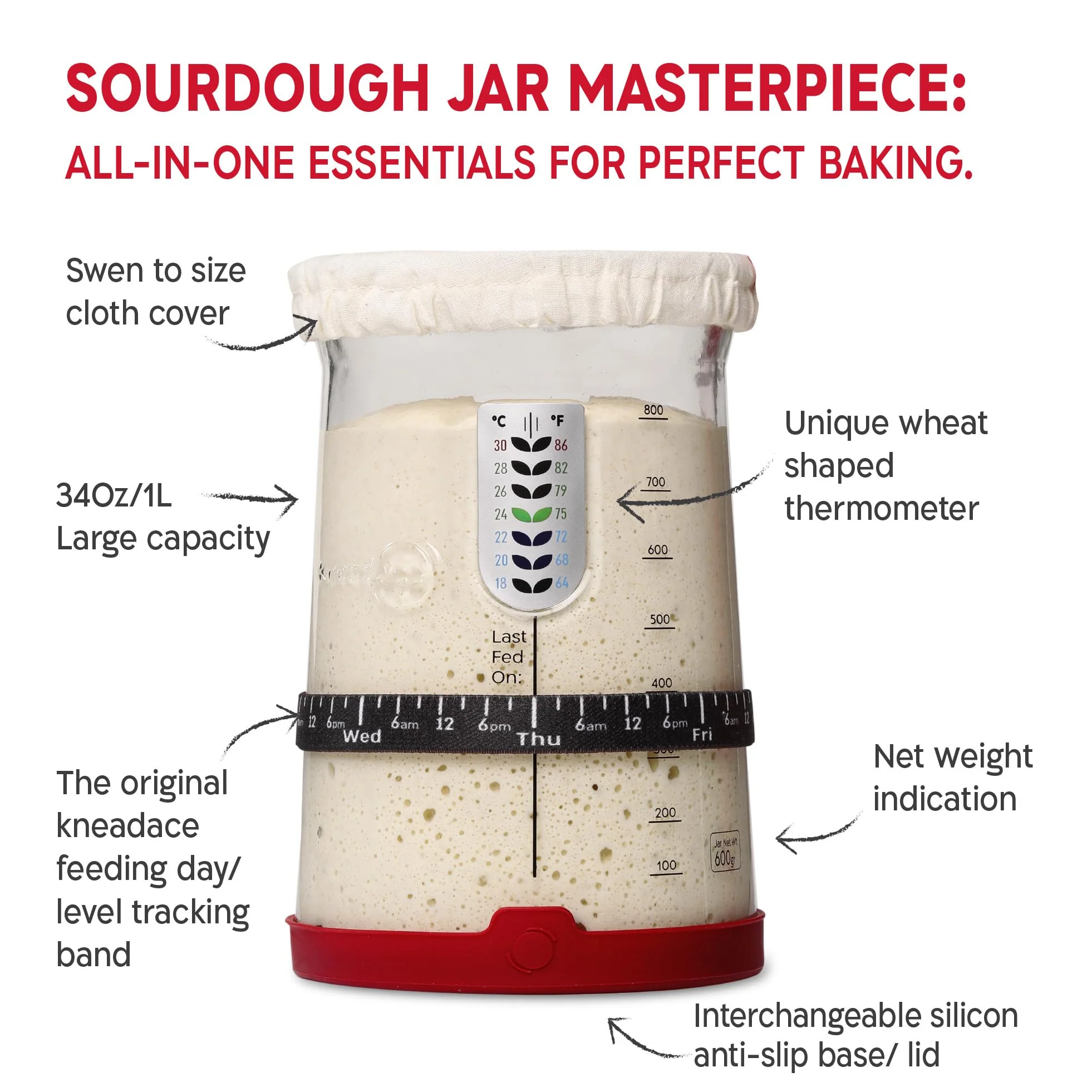 KneadAce Sourdough Starter Kit – 34oz Starter Jar, 2 Cotton Rope Banneton Proofing Baskets, Magnetic Bread Lame for Scoring – Gift for Bakers & Complete Sourdough Bread Baking Set - Image 6