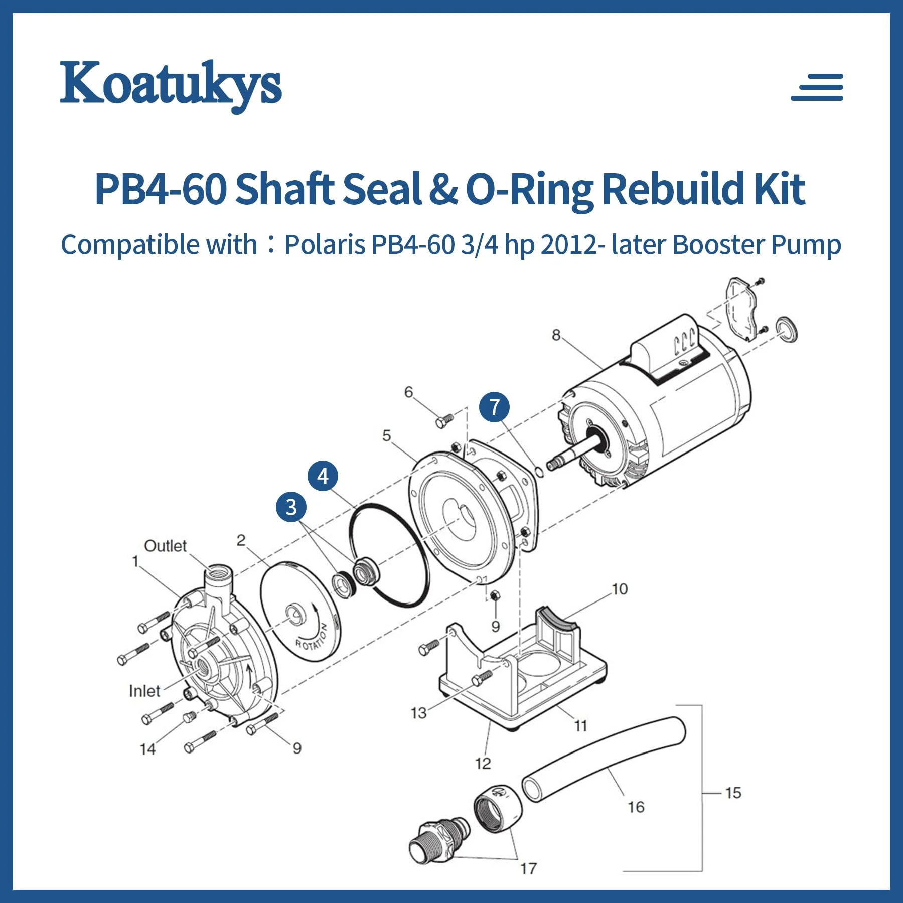 Koatukys PB4-60 Booster Pump Shaft Seal & O-Ring Rebuild Kit Replacement for Polaris 3/4 hp 2012- Later Pool Pump - Image 6