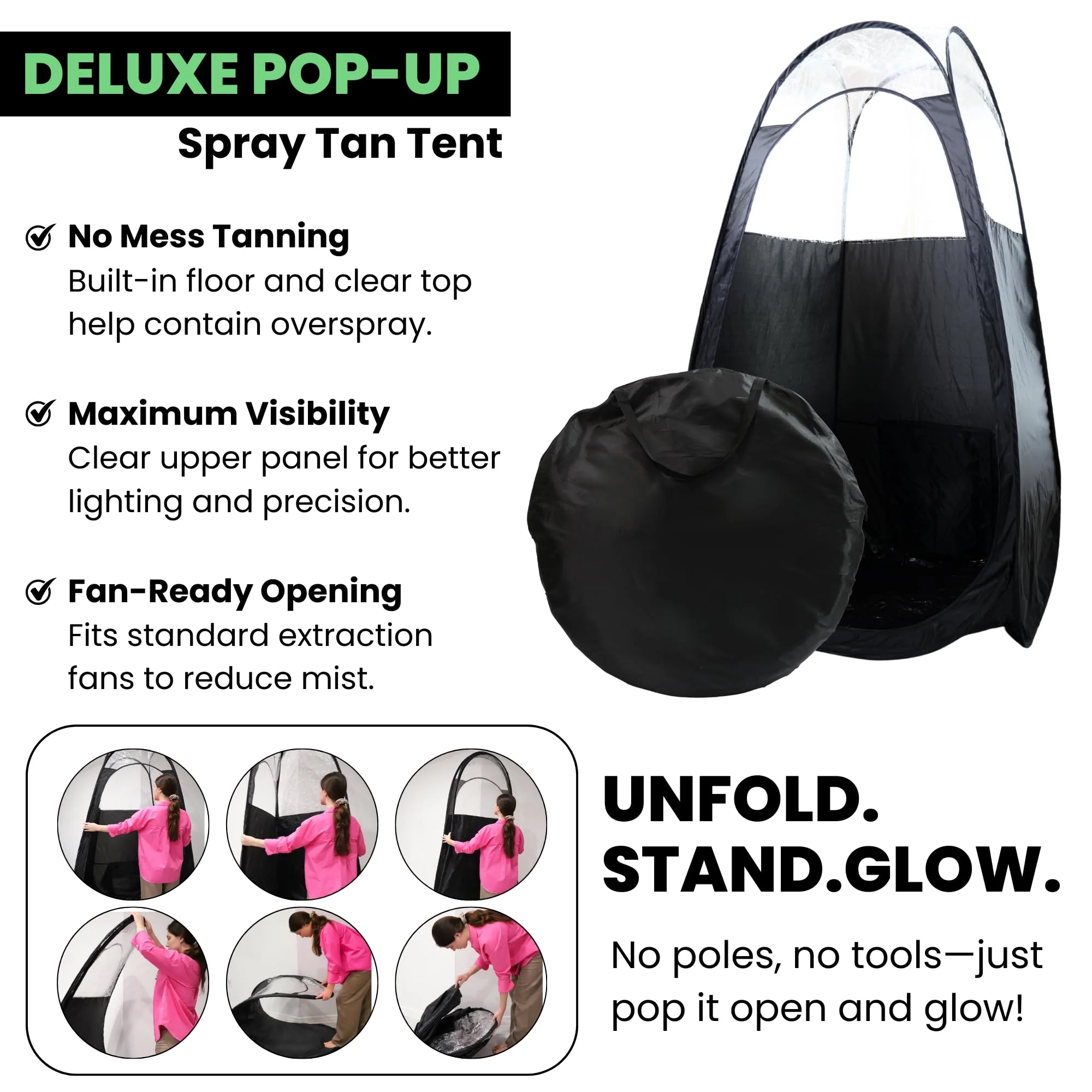 KobbTan Large Deluxe Spray Tan Tent – Pop Up Tent Portable Tanning Booth with Carry Case – Clear Window for Perfect Spray Tanning – Extraction Fan Opening – Easy Clean Spray Tan for Home & Salon - Image 4