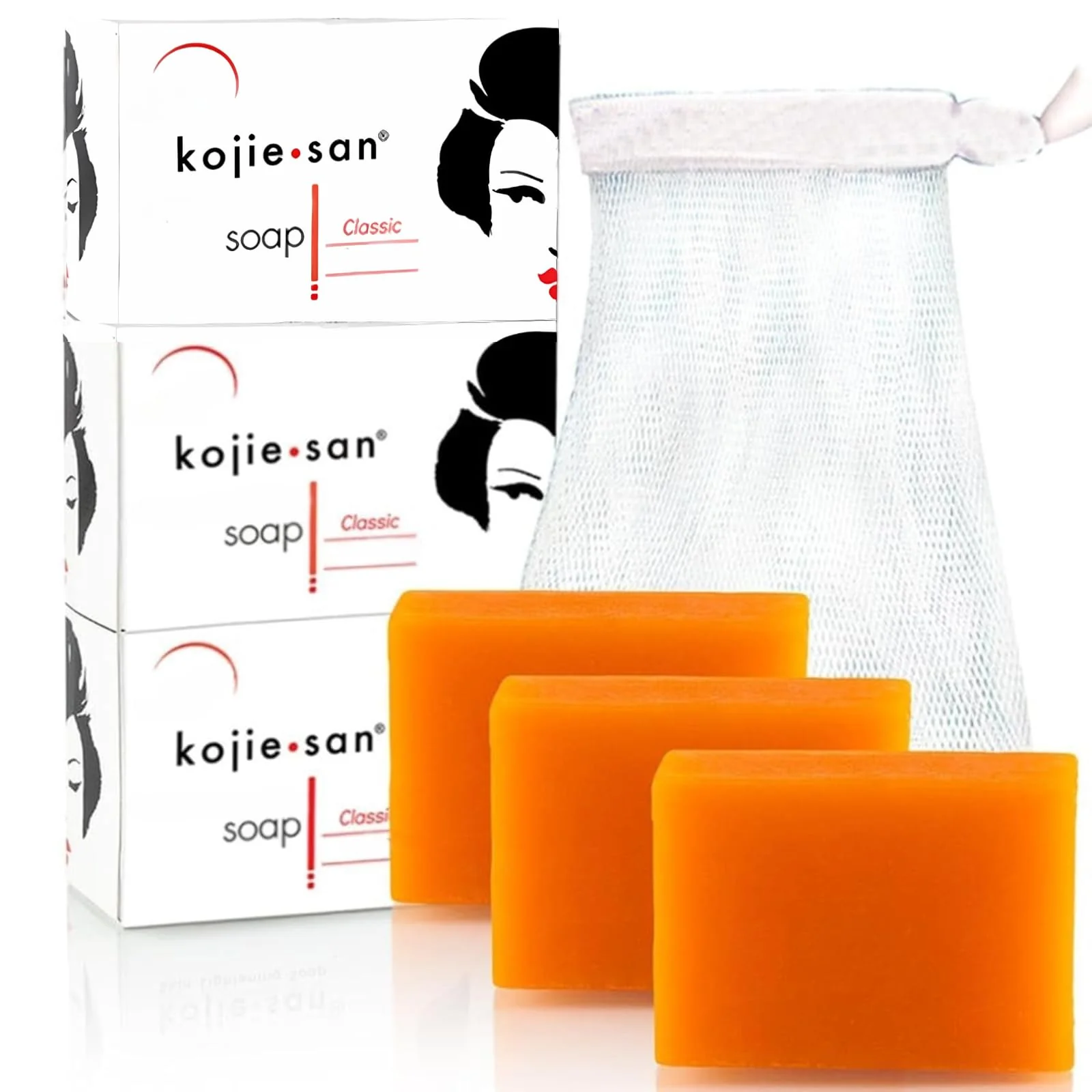 Kojie San Skin Brightening Soap – The Original Kojic Acid, Dark Spot Remover Bar Soap with Coconut & Tea Tree Oil – 100g x 3 Bars with Net