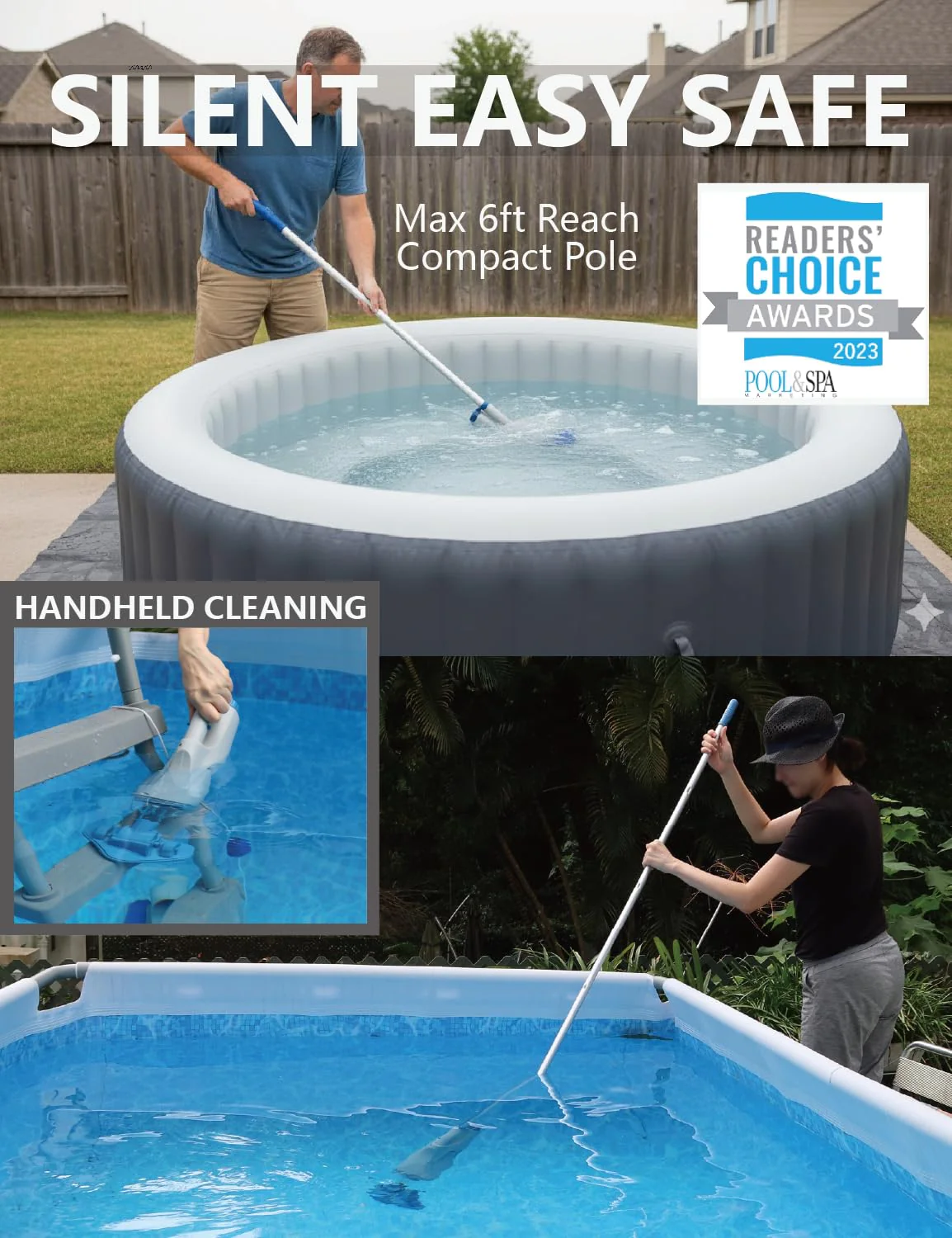 KOKIDO Cordless Handheld Pool Vacuum for Above Ground Pool, with 6ft Pole and 2 Vac Brush Heads, Ideal for Spot Clean Inground Pool Spa Hot Tub up to 20ft, Rechargeable, 60min, Sand and Debris XV110 - Image 2