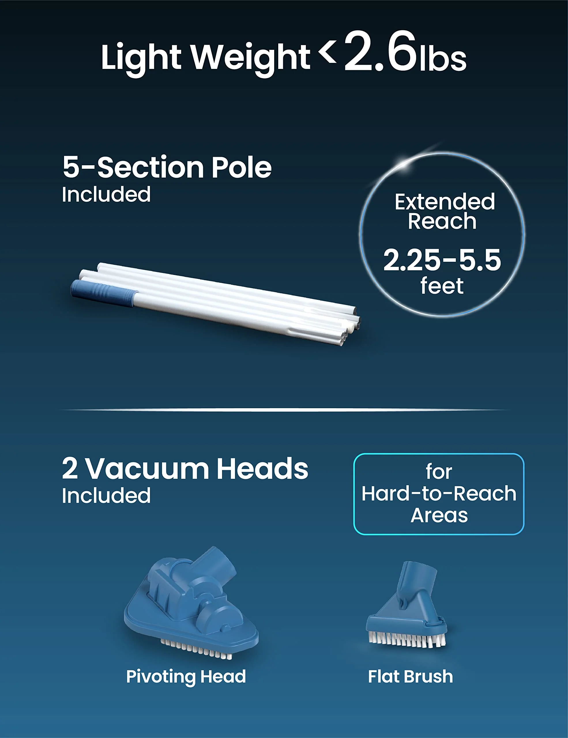 KOKIDO Cordless Handheld Pool Vacuum for Above Ground Pool, with 6ft Pole and 2 Vac Brush Heads, Ideal for Spot Clean Inground Pool Spa Hot Tub up to 20ft, Rechargeable, 60min, Sand and Debris XV110 - Image 4