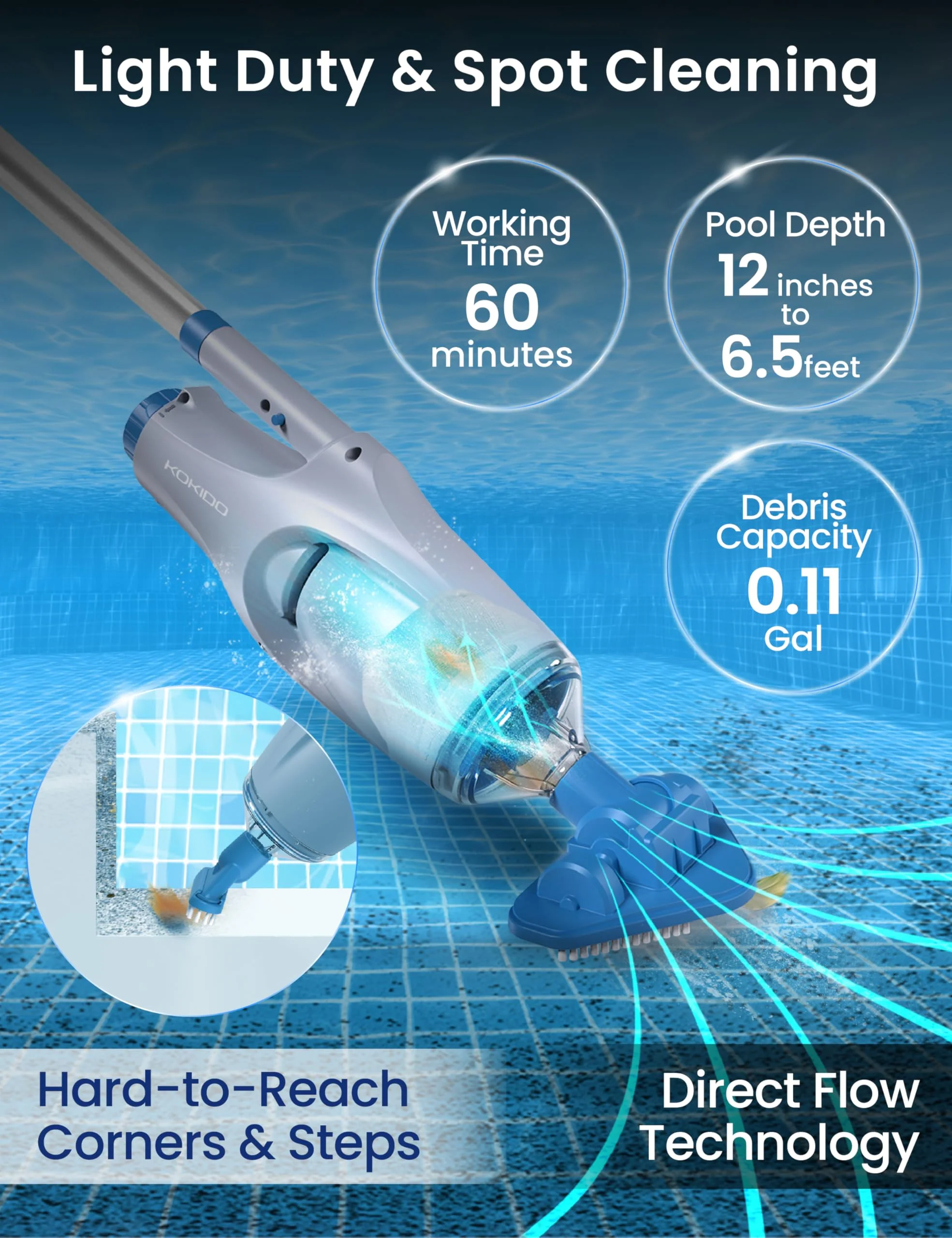 KOKIDO Cordless Handheld Pool Vacuum for Above Ground Pool, with 6ft Pole and 2 Vac Brush Heads, Ideal for Spot Clean Inground Pool Spa Hot Tub up to 20ft, Rechargeable, 60min, Sand and Debris XV110 - Image 6
