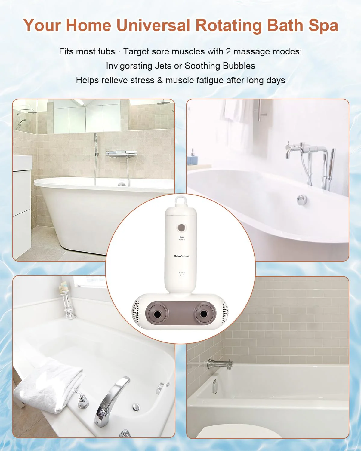 KokoSelene Bath Jets for Tub, Portable Bath Spa for Bathtub with Dual Hydro Jets, Bathtub Spa Machine Creates Soothing Bubbles for Daily Relax at Home Use (Brown) - Image 3