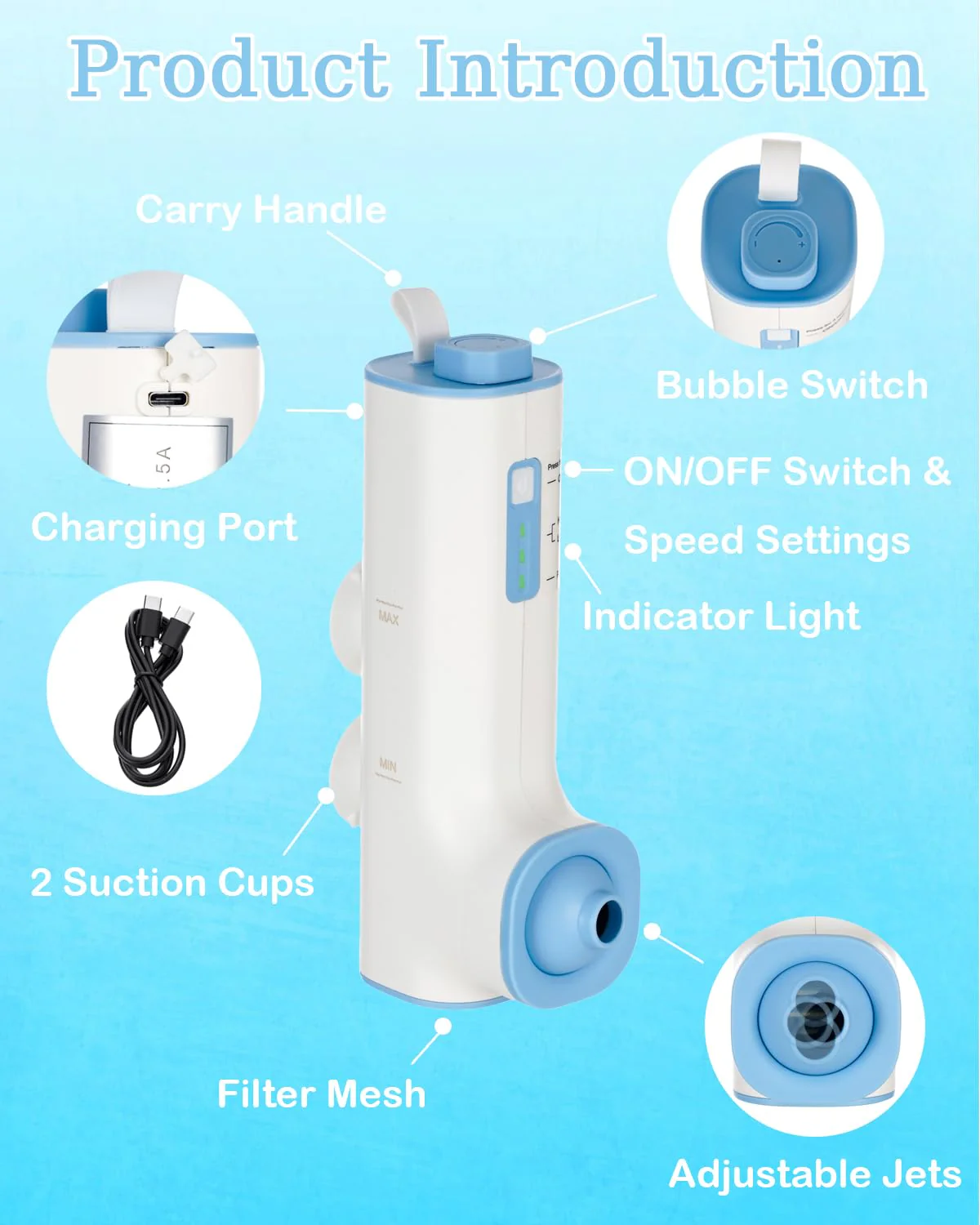 KokoSelene Rechargeable Bath Jets for Tub, Portable Jet Spa for Bathtub, Creates Soothing Bubbles and Massage for Relaxing Daily Use at Home (White-Blue) - Image 3