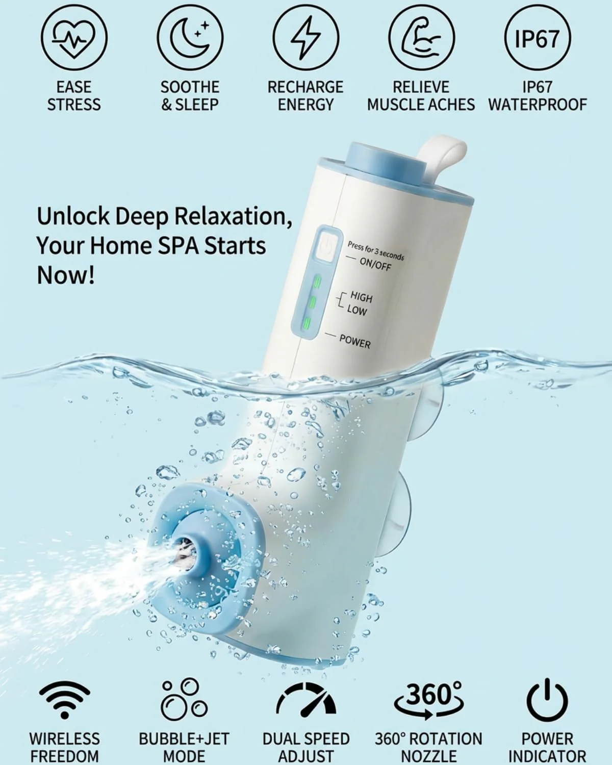 KokoSelene Rechargeable Bath Jets for Tub, Portable Jet Spa for Bathtub, Creates Soothing Bubbles and Massage for Relaxing Daily Use at Home (White-Blue) - Image 9