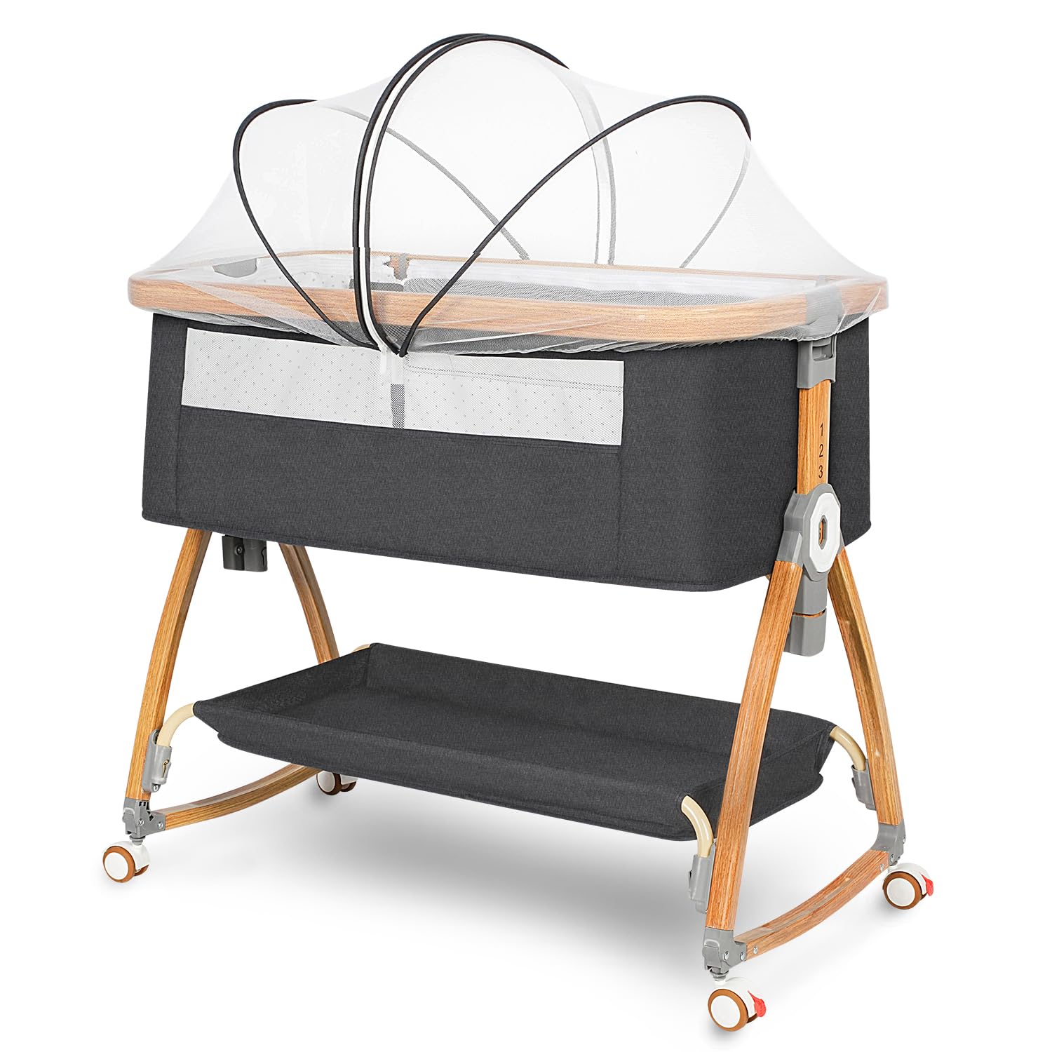 Komcot High Chair, Bedside Bassinet for Baby, 6 Height Adjustable Baby Bed, 3 in 1 Bassinet Bedside Sleeper with Wheels, Mosquito Net, Portable Bedside Crib for Infant/Baby/Newborn