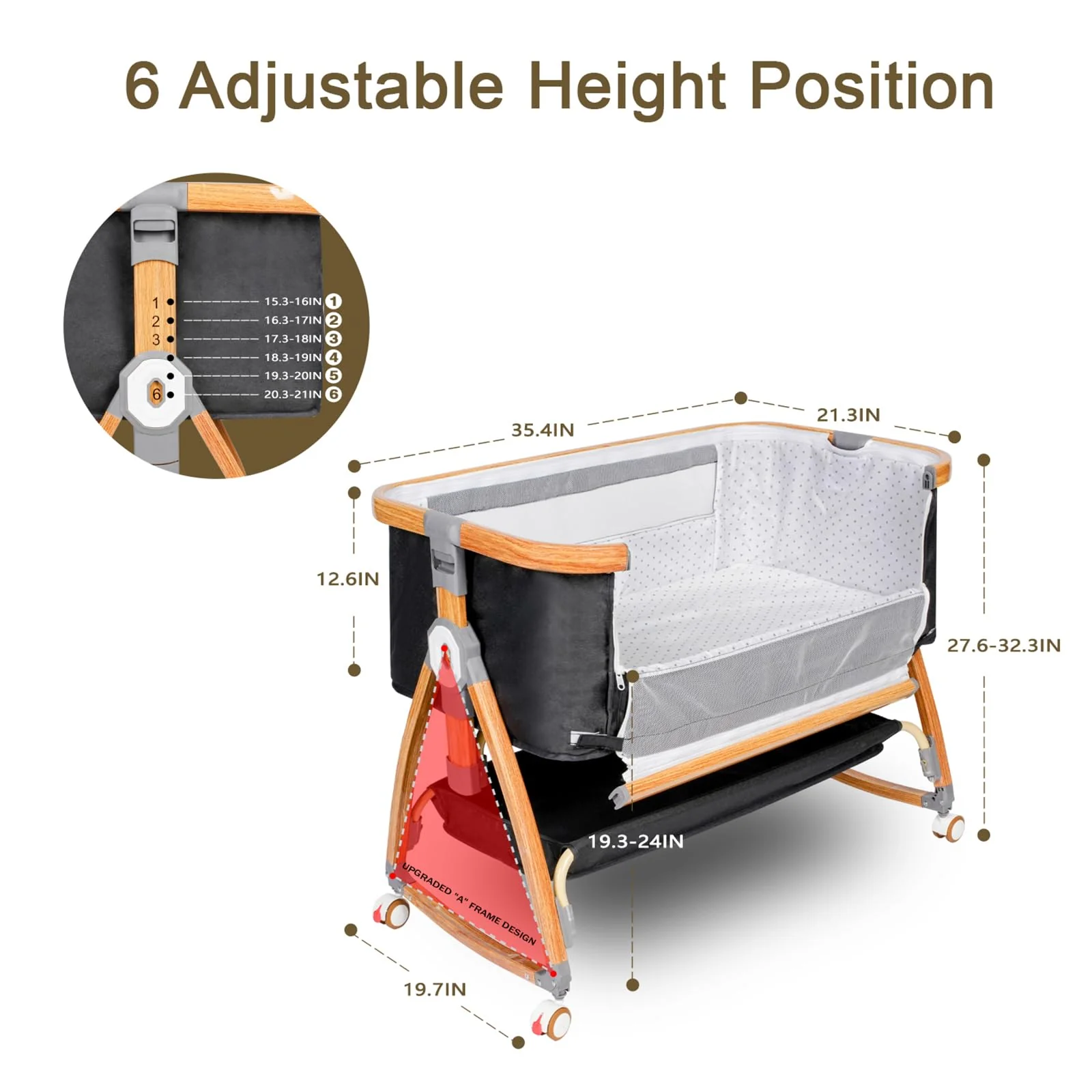 Komcot High Chair, Bedside Bassinet for Baby, 6 Height Adjustable Baby Bed, 3 in 1 Bassinet Bedside Sleeper with Wheels, Mosquito Net, Portable Bedside Crib for Infant/Baby/Newborn - Image 3