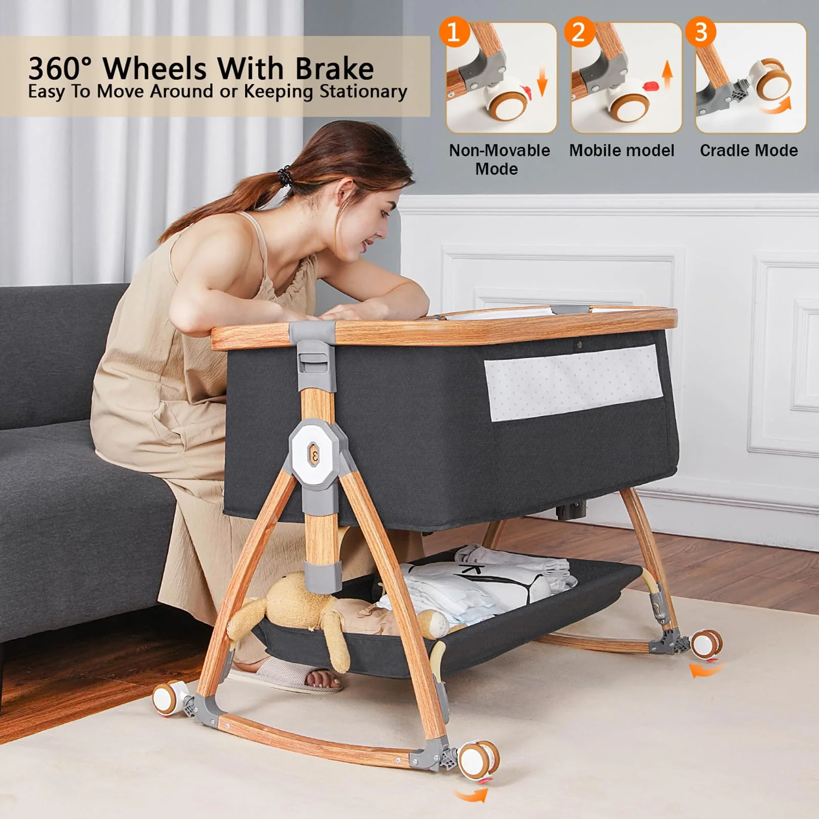 Komcot High Chair, Bedside Bassinet for Baby, 6 Height Adjustable Baby Bed, 3 in 1 Bassinet Bedside Sleeper with Wheels, Mosquito Net, Portable Bedside Crib for Infant/Baby/Newborn - Image 4