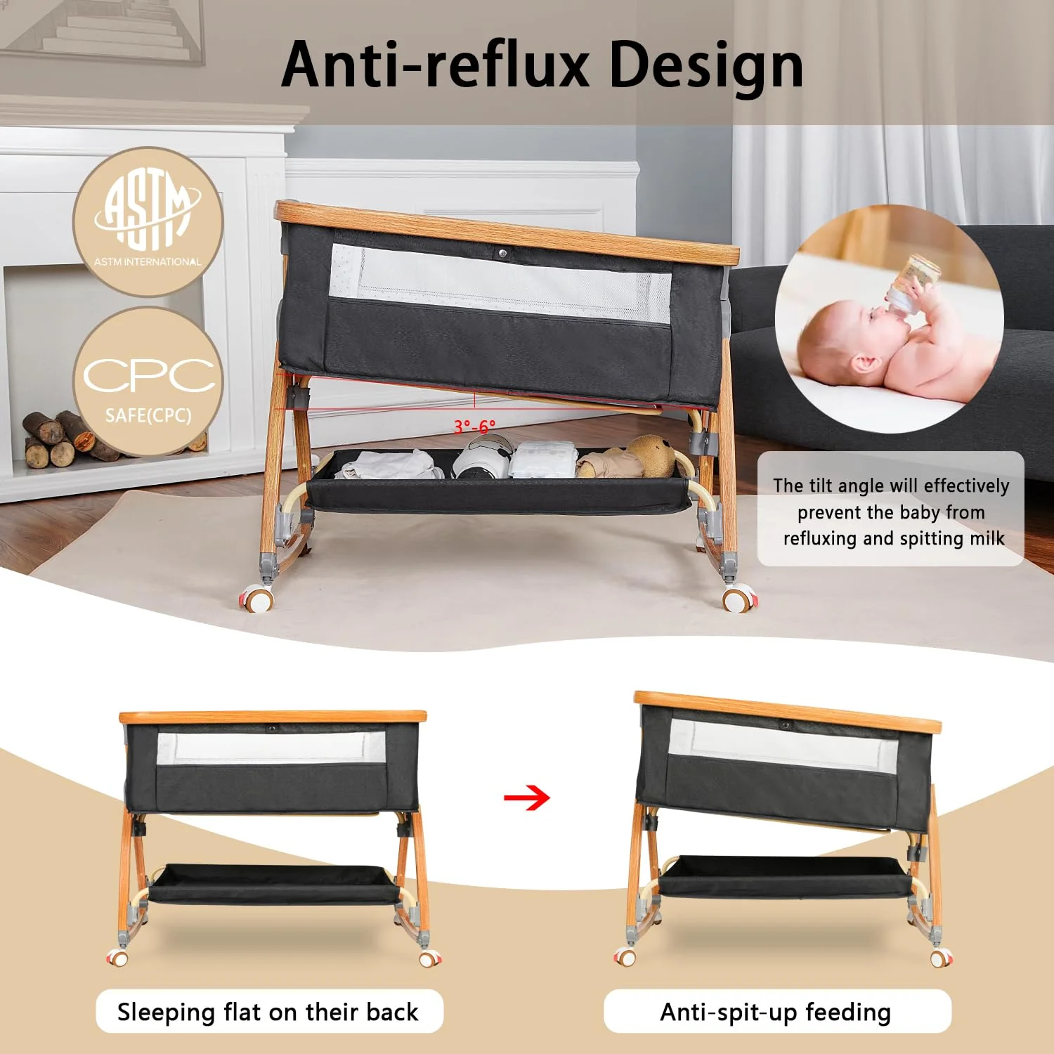 Komcot High Chair, Bedside Bassinet for Baby, 6 Height Adjustable Baby Bed, 3 in 1 Bassinet Bedside Sleeper with Wheels, Mosquito Net, Portable Bedside Crib for Infant/Baby/Newborn - Image 5