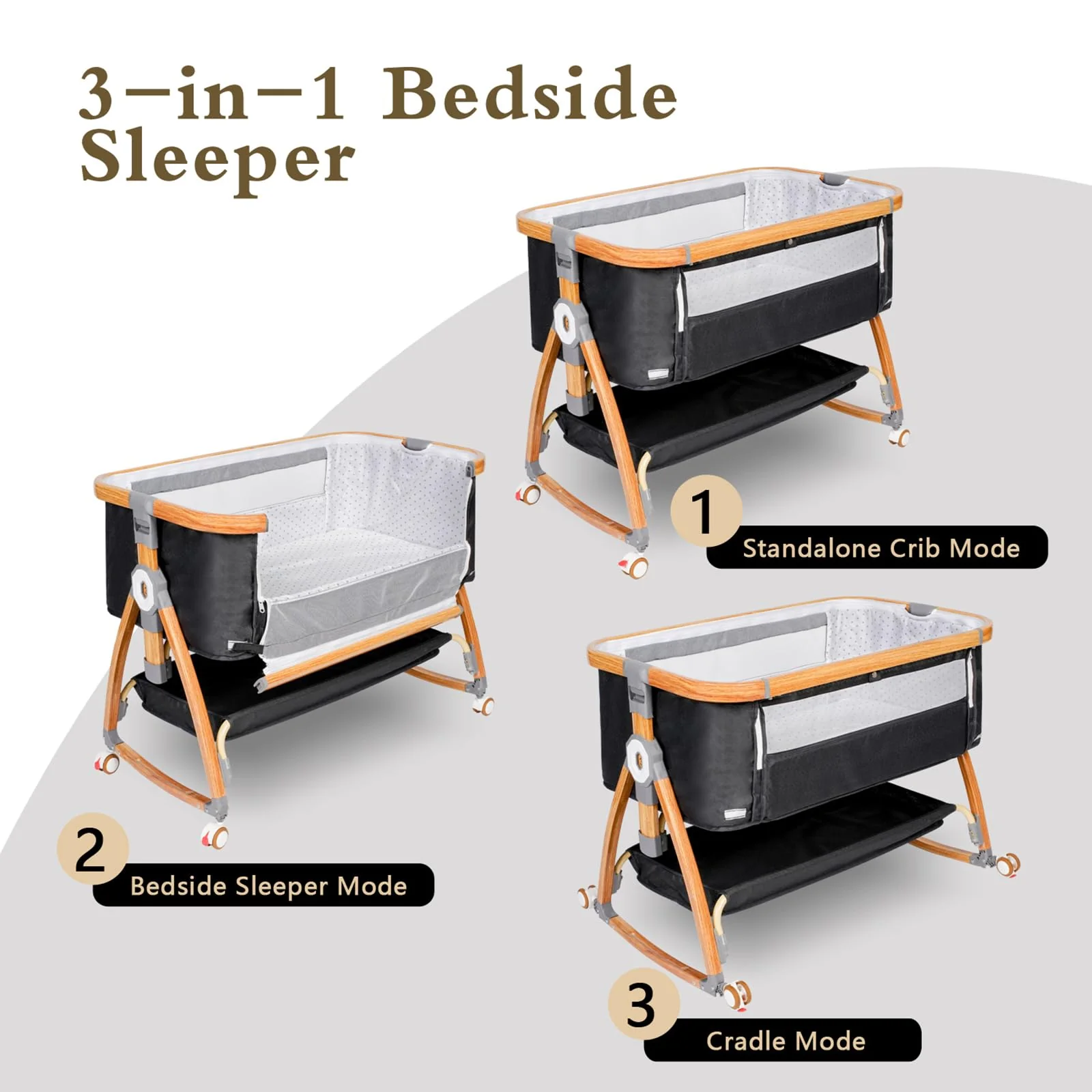 Komcot High Chair, Bedside Bassinet for Baby, 6 Height Adjustable Baby Bed, 3 in 1 Bassinet Bedside Sleeper with Wheels, Mosquito Net, Portable Bedside Crib for Infant/Baby/Newborn - Image 6