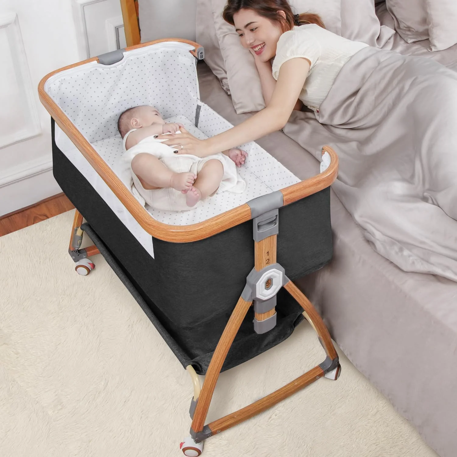 Komcot High Chair, Bedside Bassinet for Baby, 6 Height Adjustable Baby Bed, 3 in 1 Bassinet Bedside Sleeper with Wheels, Mosquito Net, Portable Bedside Crib for Infant/Baby/Newborn - Image 7