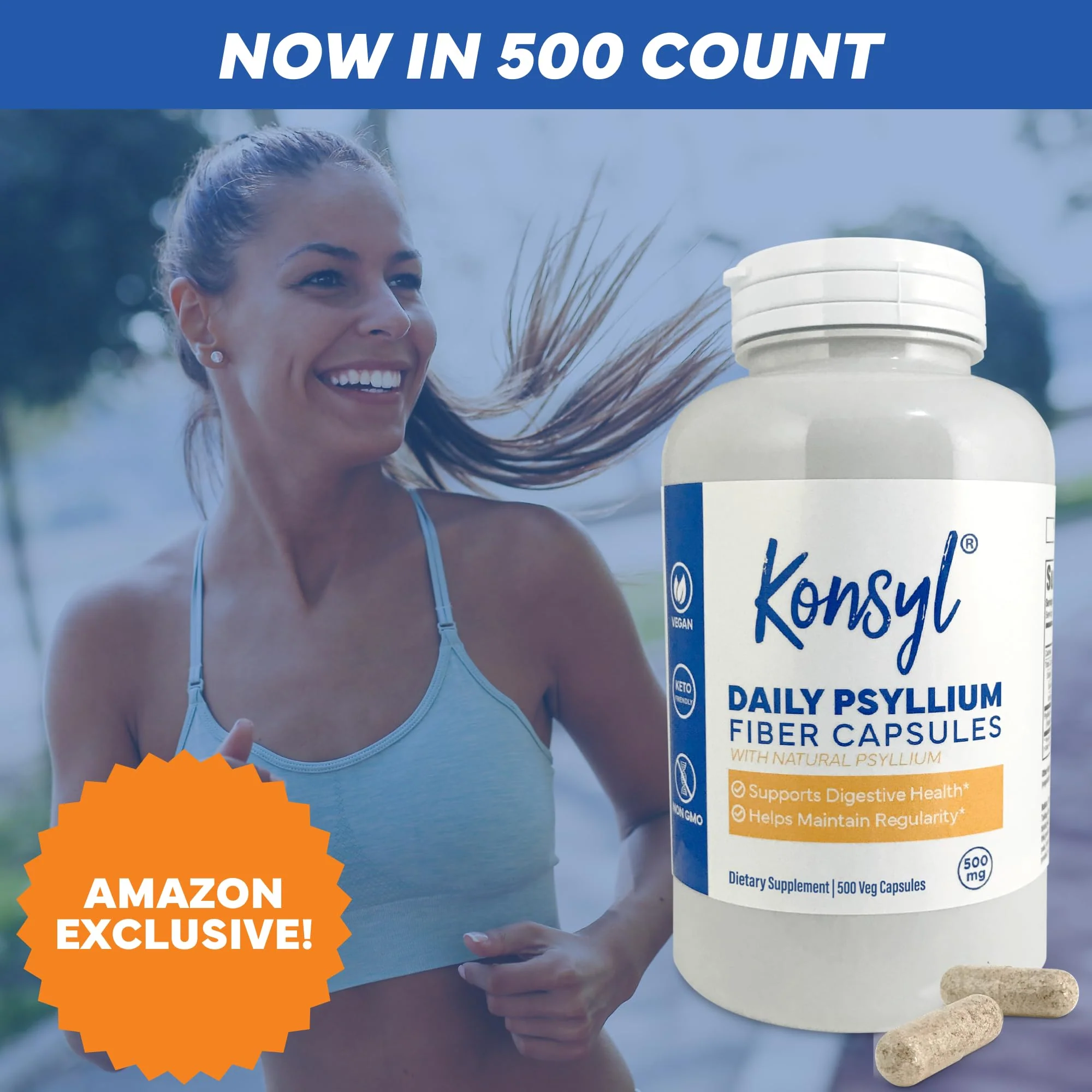 Konsyl Daily Psyllium Fiber Capsules - Contains 1500mg of All-Natural Psyllium Husk Powder per Serving - Supports Digestive Health and Weight Management Goals+ (500 Count (Pack of 1), Unflavored) - Image 7