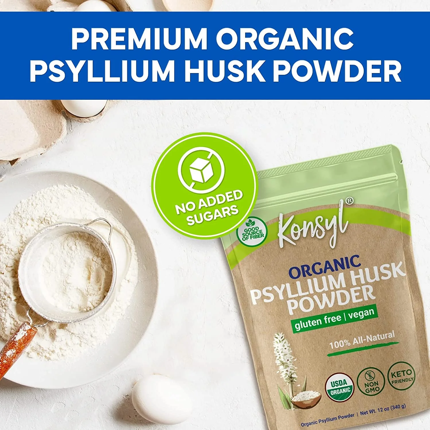 Konsyl Organic Psyllium Husk Powder - Perfect for Vegan Baking - USDA Certified Fiber Supplement Powder - All Natural, Gluten-Free, Sugar-Free, Unflavored - Image 6