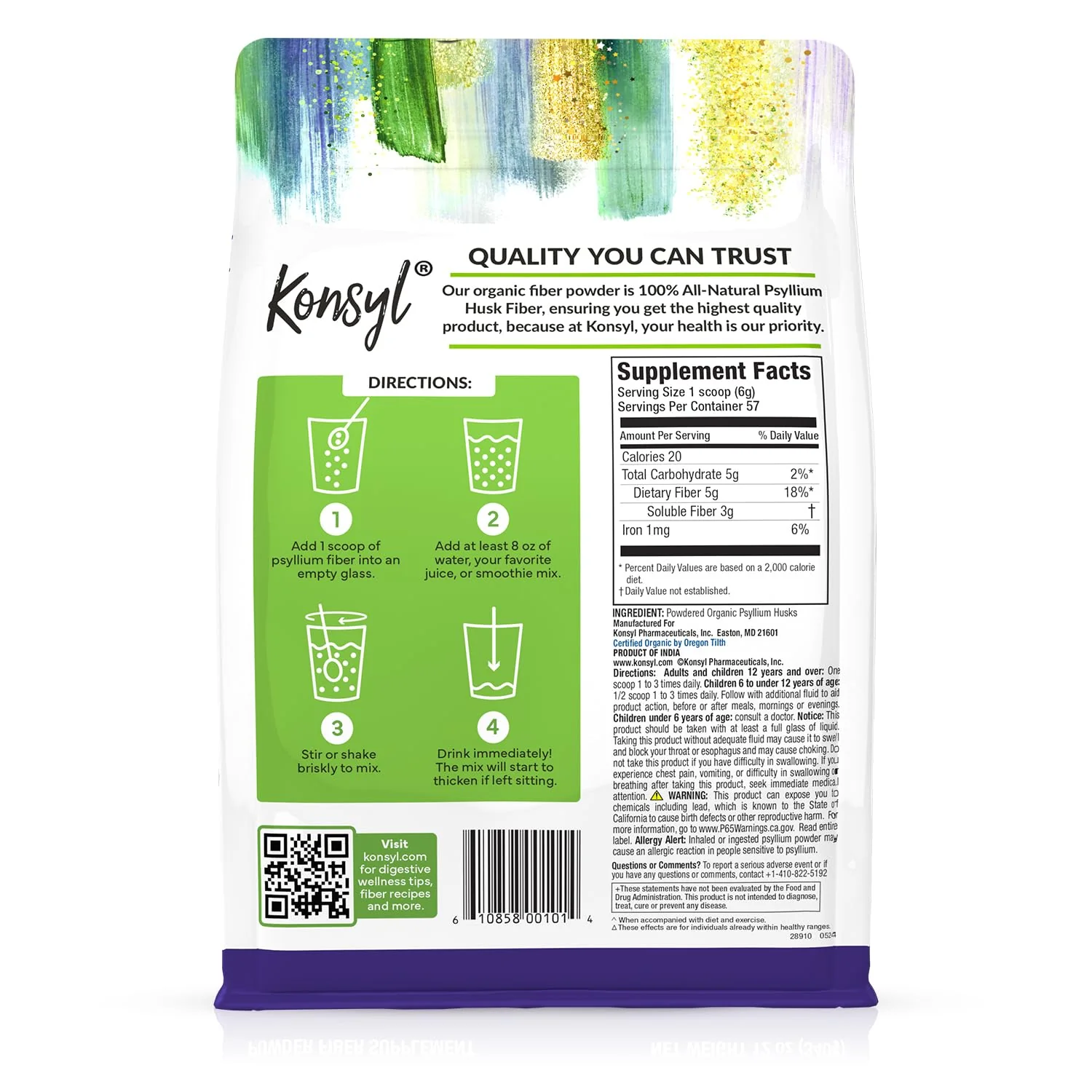 Konsyl USDA Organic Psyllium Husk Powder - 12oz, 60 Servings, Natural Unflavored Soluble Dietary Fiber Supplement - Fiber Prebiotic for Digestive Support and Gut Health - Sugar Free, Keto & Vegan - Image 2