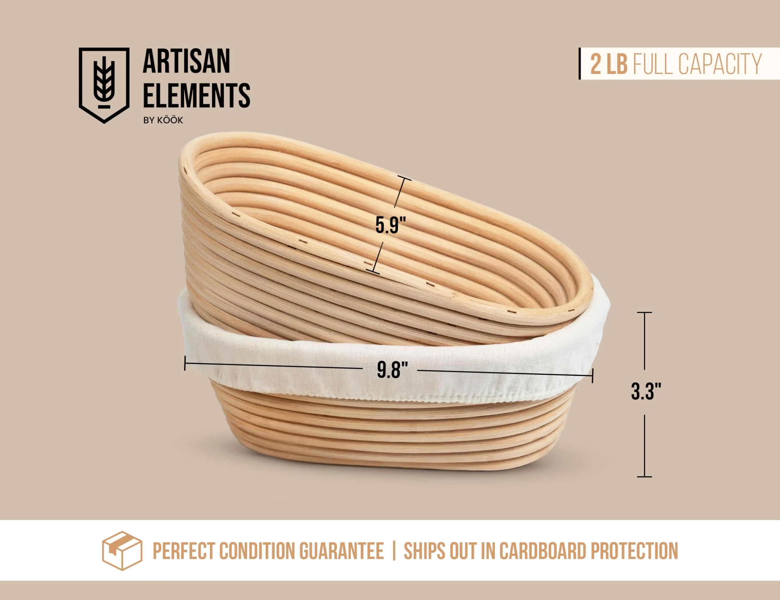 Kook Banneton Bread Proofing Baskets, Artisan Sourdough Bread Making Baskets, 9.8 Inch Handwoven Rattan Baskets and Cloth Liners, Set of 2, Oval - Image 2