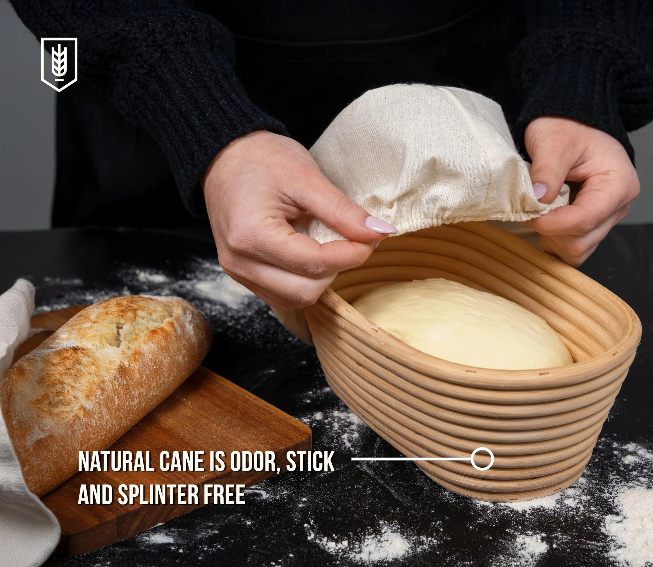 Kook Banneton Bread Proofing Baskets, Artisan Sourdough Bread Making Baskets, 9.8 Inch Handwoven Rattan Baskets and Cloth Liners, Set of 2, Oval - Image 4