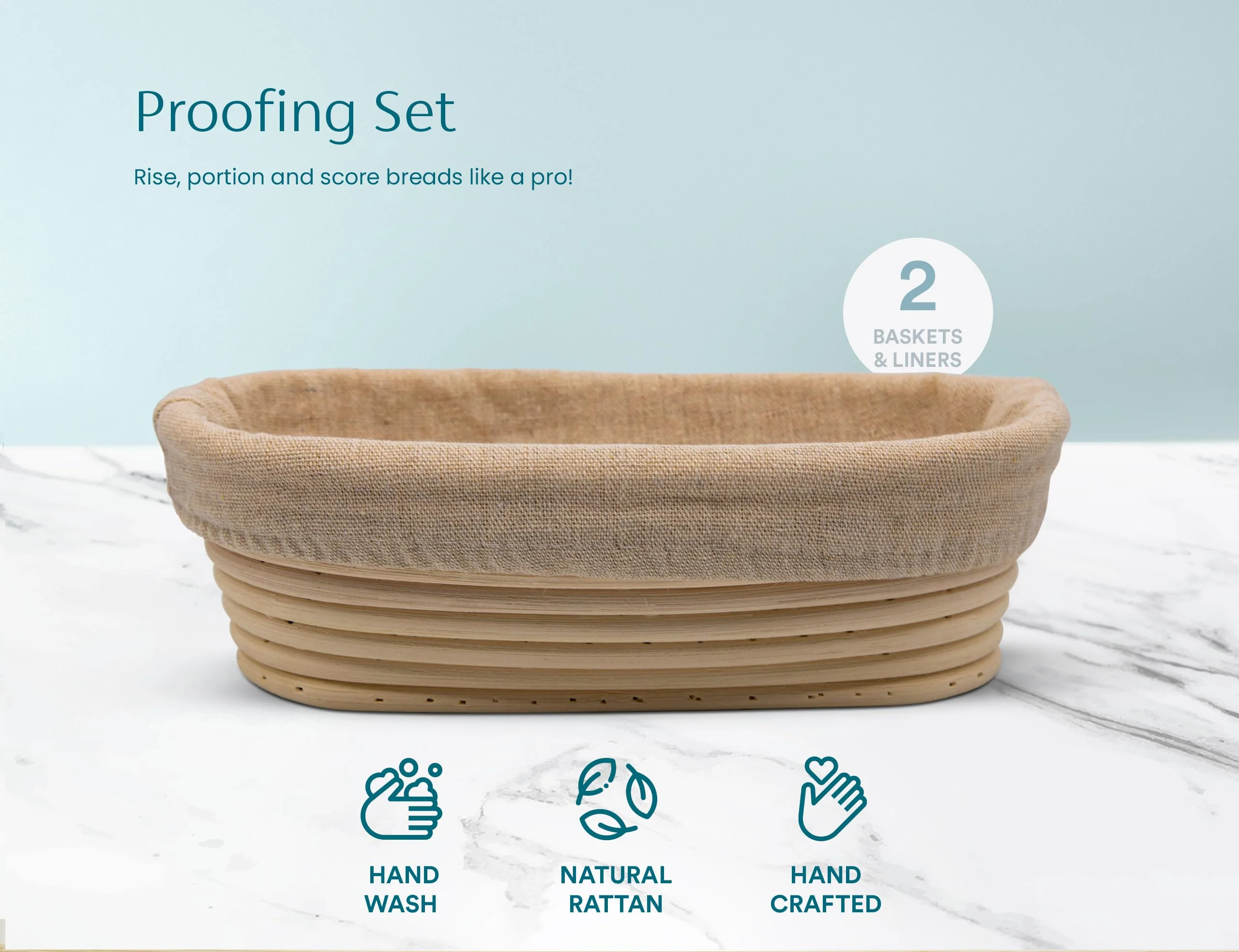 Kook Banneton Bread Proofing Set, Artisan Sourdough Bread Making Kit, 9.8 Inch Rattan Baskets and Liners, Metal & Plastic, Scrapers, Scoring Lame & Case, 4 Extra Blades, Set of 2, Oval - Image 3