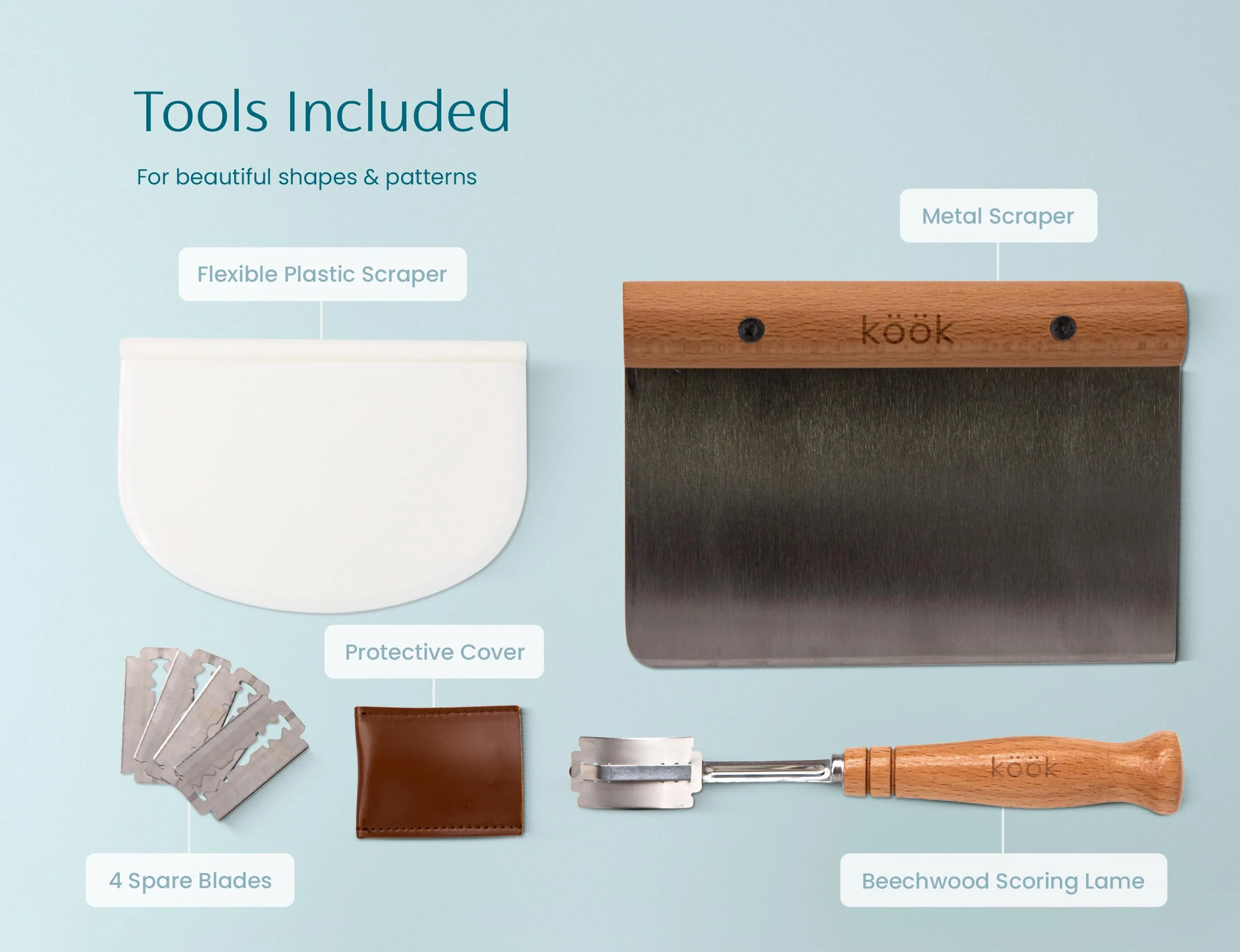 Kook Banneton Bread Proofing Set, Artisan Sourdough Bread Making Kit, 9.8 Inch Rattan Baskets and Liners, Metal & Plastic, Scrapers, Scoring Lame & Case, 4 Extra Blades, Set of 2, Oval - Image 4