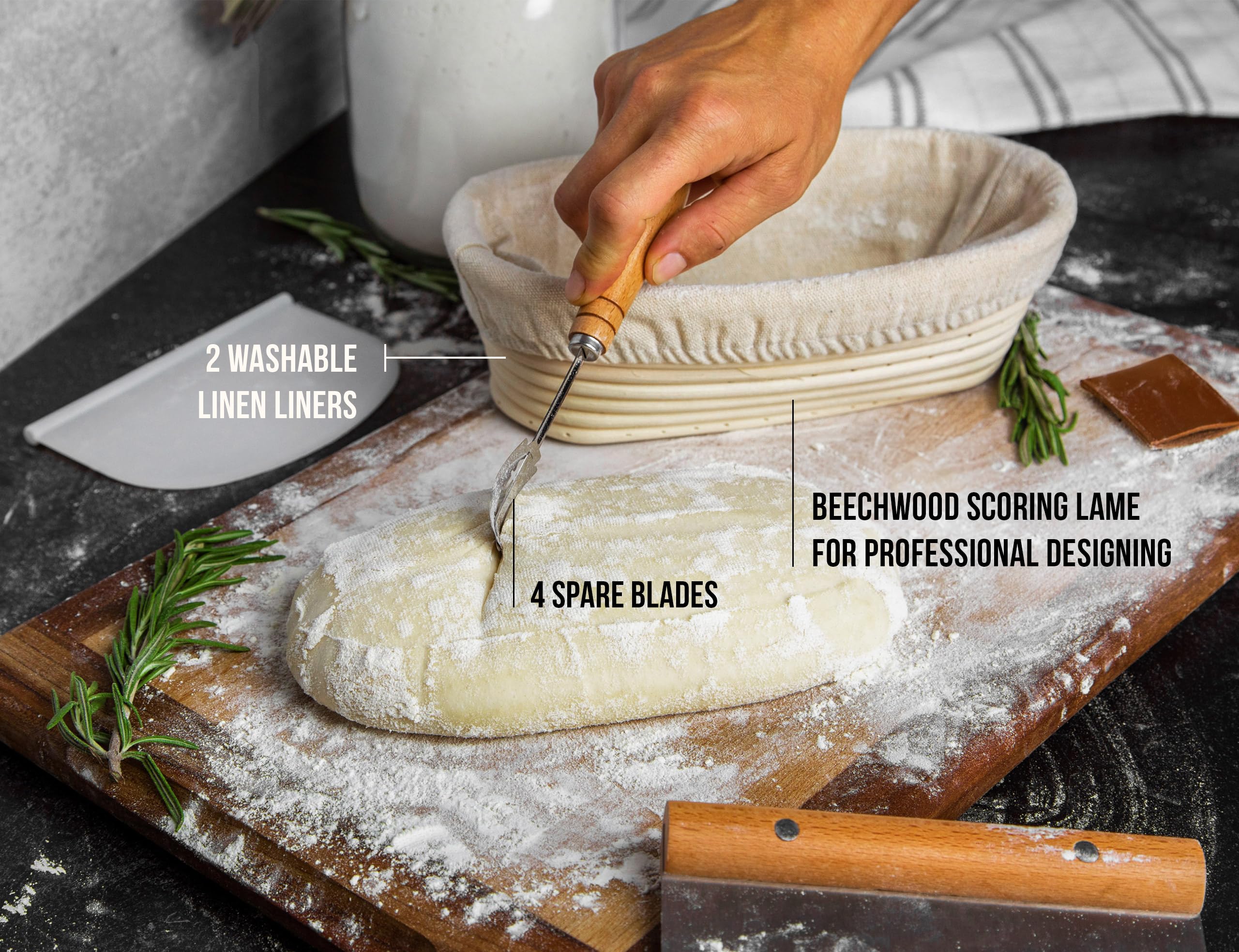 Kook Banneton Bread Proofing Set, Artisan Sourdough Bread Making Kit, 9.8 Inch Rattan Baskets and Liners, Metal & Plastic, Scrapers, Scoring Lame & Case, 4 Extra Blades, Set of 2, Oval - Image 7