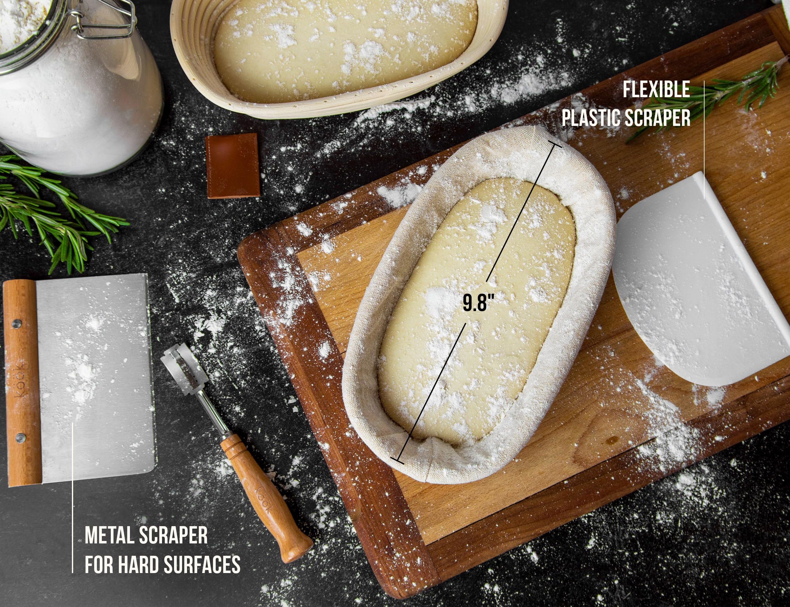Kook Banneton Bread Proofing Set, Artisan Sourdough Bread Making Kit, 9.8 Inch Rattan Baskets and Liners, Metal & Plastic, Scrapers, Scoring Lame & Case, 4 Extra Blades, Set of 2, Oval - Image 8