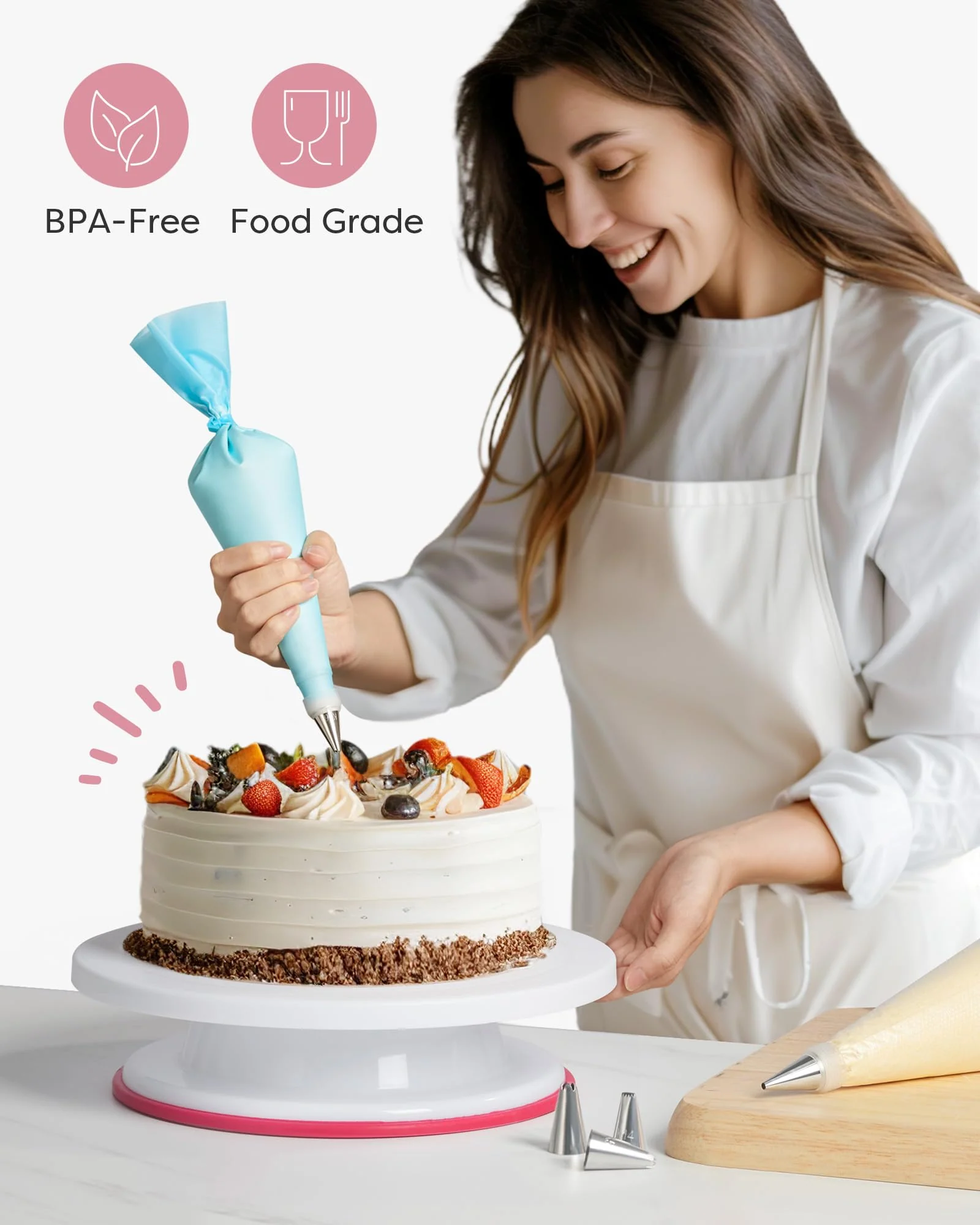 Kootek 71PCs Cake Decorating Kit, Baking Supplies Tools - Includes Cake Stand Turntable, 12 Icing Piping Tips, 2 Frosting Spatulas, 3 Scrapers, 50+2 Piping Bags, Coupler, Video Tutorial, Booklet - Image 2