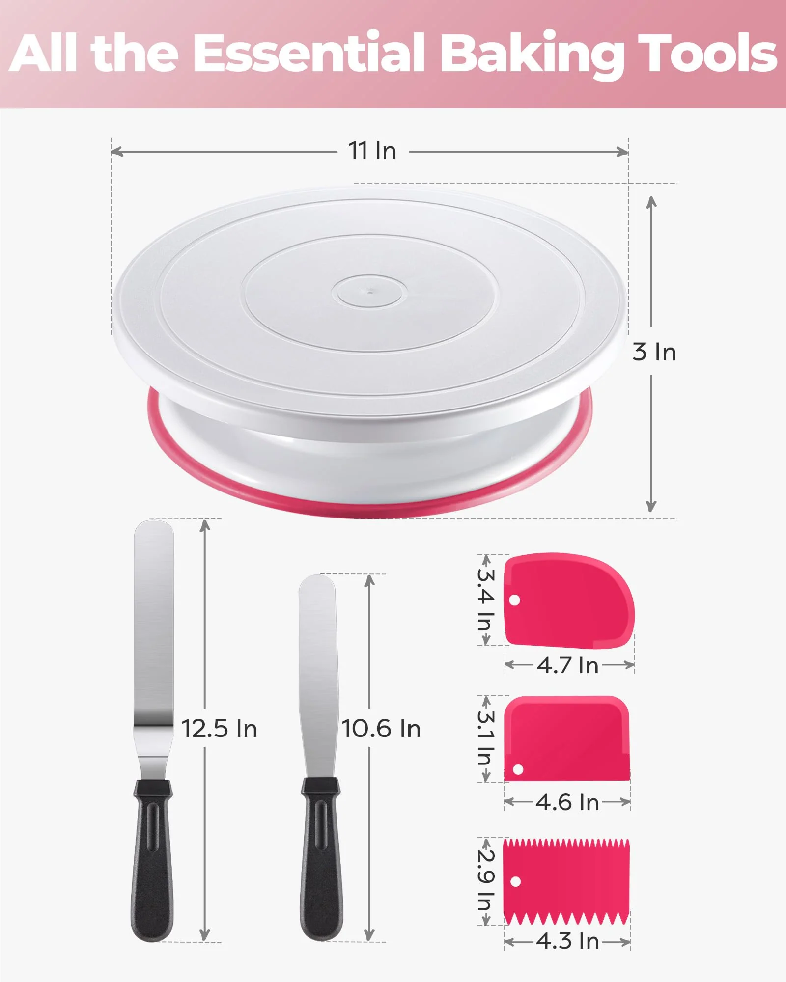 Kootek Cake Decorating Kit Baking Supplies Cake Turntable with 2 Frosting Straight Angled Spatula 3 Icing Smoother Scrapers Baking Accessories Tools for Beginners and Pros, Pink - Image 2