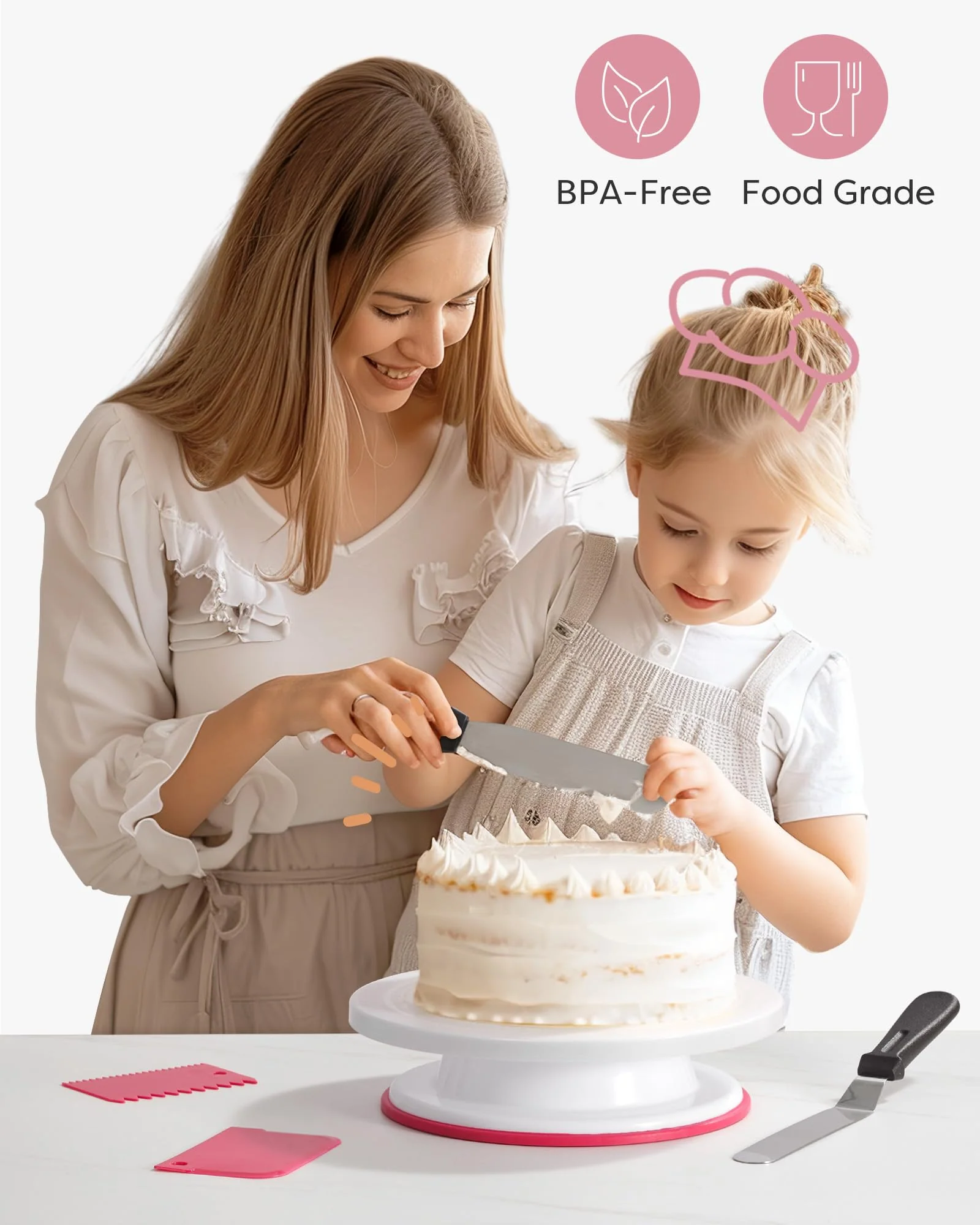 Kootek Cake Decorating Kit Baking Supplies Cake Turntable with 2 Frosting Straight Angled Spatula 3 Icing Smoother Scrapers Baking Accessories Tools for Beginners and Pros, Pink - Image 3