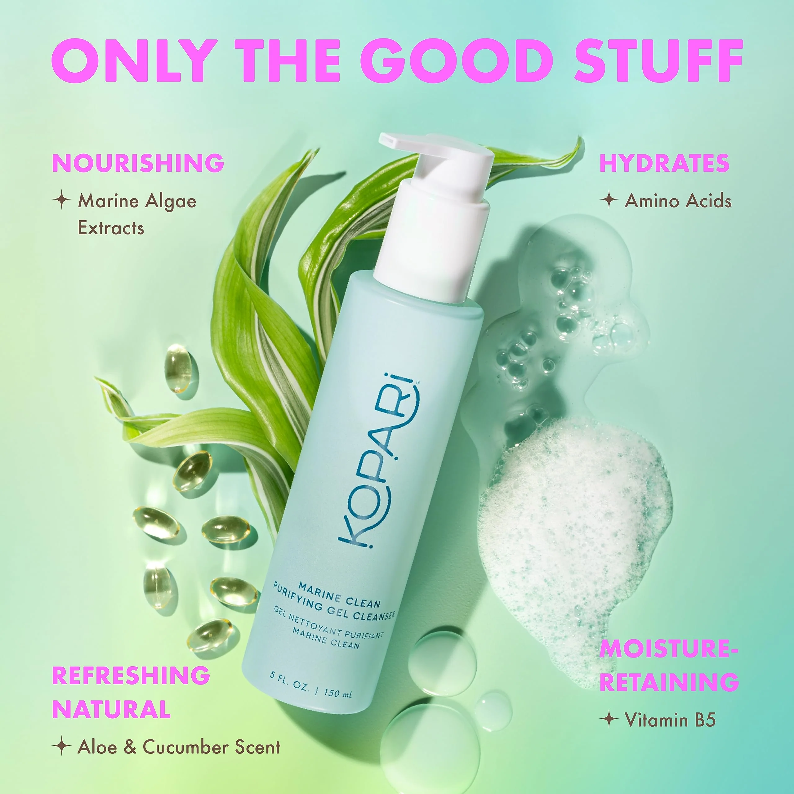 Kopari Marine Clean Purifying Gel Cleanser, Infused with Amino Acids & Vitamin B5, Dual-Action Gel-to-Foam Cleanser, Gentle and Nourishing, 5 oz | New Look, Same Formula, Product Packaging May Vary - Image 6