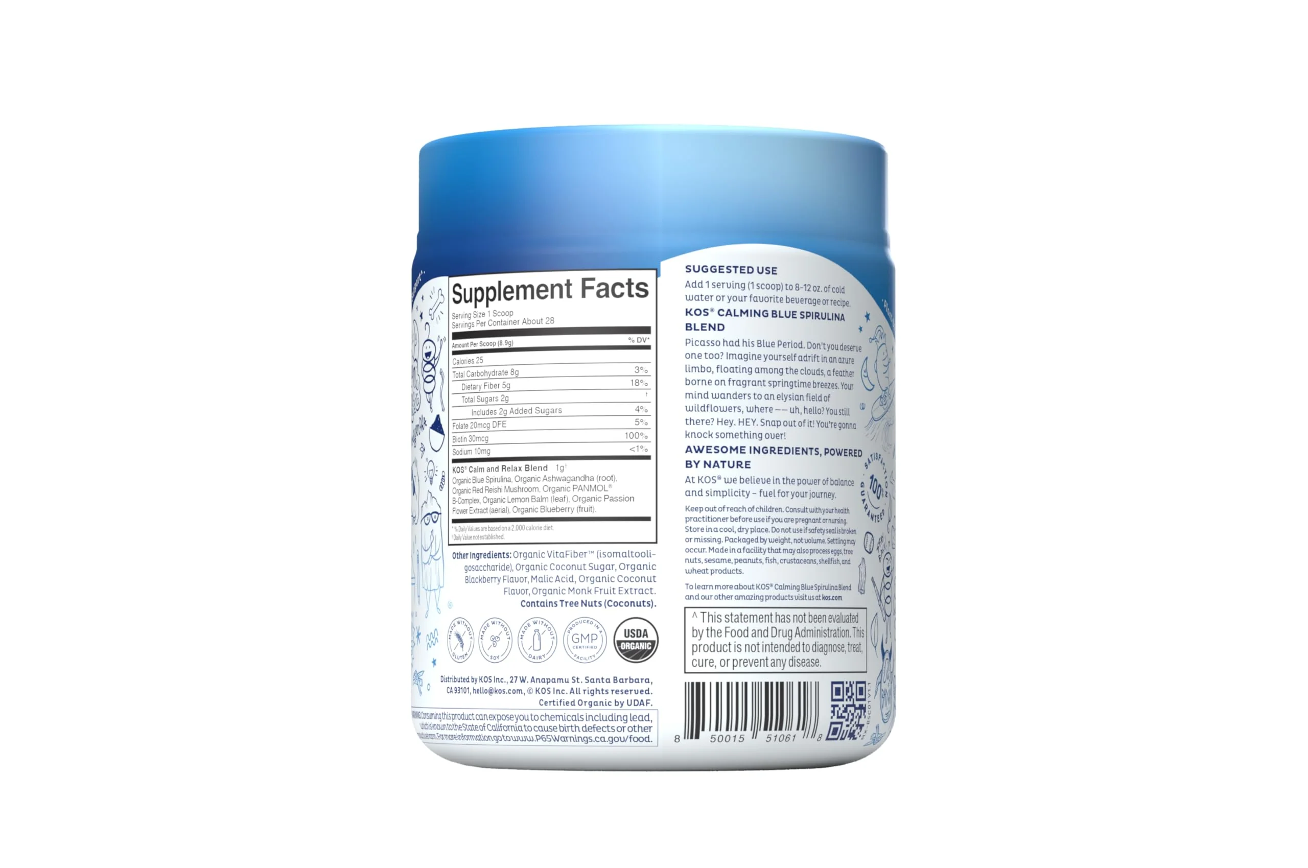KOS Calming Blue Spirulina Blend- USDA Certified Organic - Algae Superfood Powder with Ashwagandha Root, Lemon Balm, Reishi Mushroom, B Vitamins - Berry Coconut Cooler Flavor, 28 Servings - Image 2