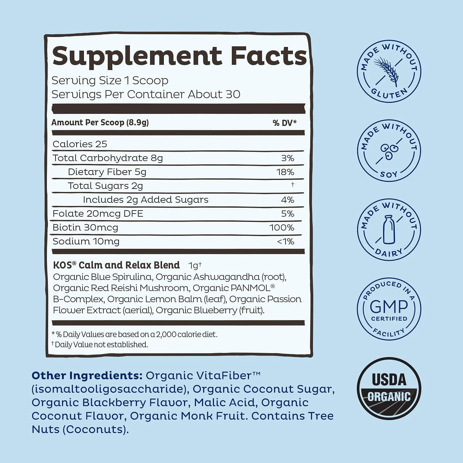 KOS Calming Blue Spirulina Blend- USDA Certified Organic - Algae Superfood Powder with Ashwagandha Root, Lemon Balm, Reishi Mushroom, B Vitamins - Berry Coconut Cooler Flavor, 28 Servings - Image 4