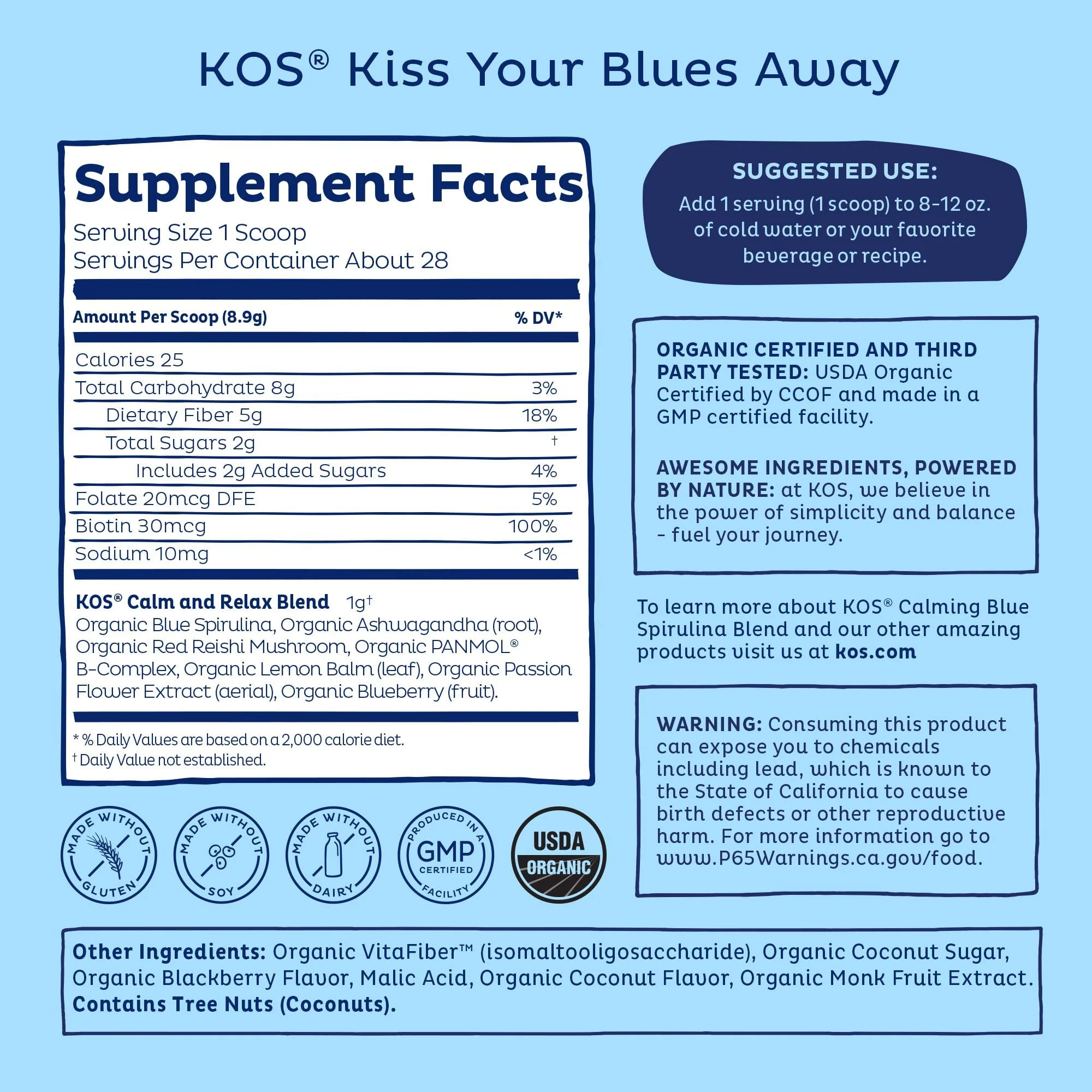 KOS Calming Blue Spirulina Blend- USDA Certified Organic - Algae Superfood Powder with Ashwagandha Root, Lemon Balm, Reishi Mushroom, B Vitamins - Berry Coconut Cooler Flavor, 28 Servings - Image 5