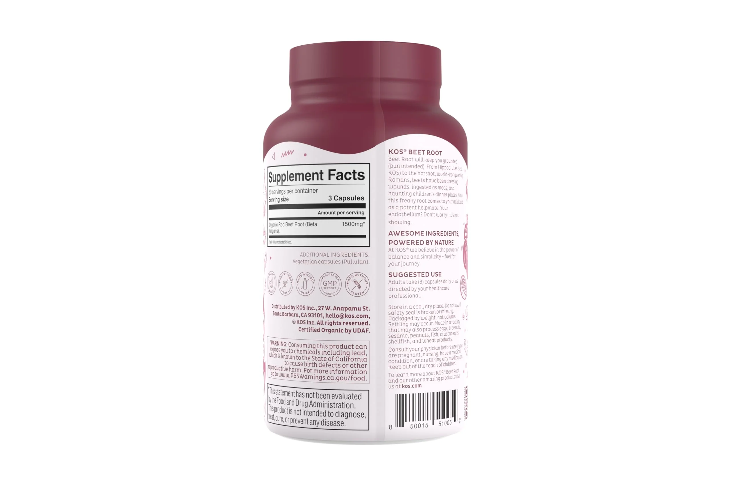 KOS Organic Beetroot Capsules 1500mg - USDA Organic, Antioxidant Power from Organic Beet Root Superfood, Supports Healthy & Active Lifestyle - Non-GMO, Vegan and Keto Friendly - 180 Capsules