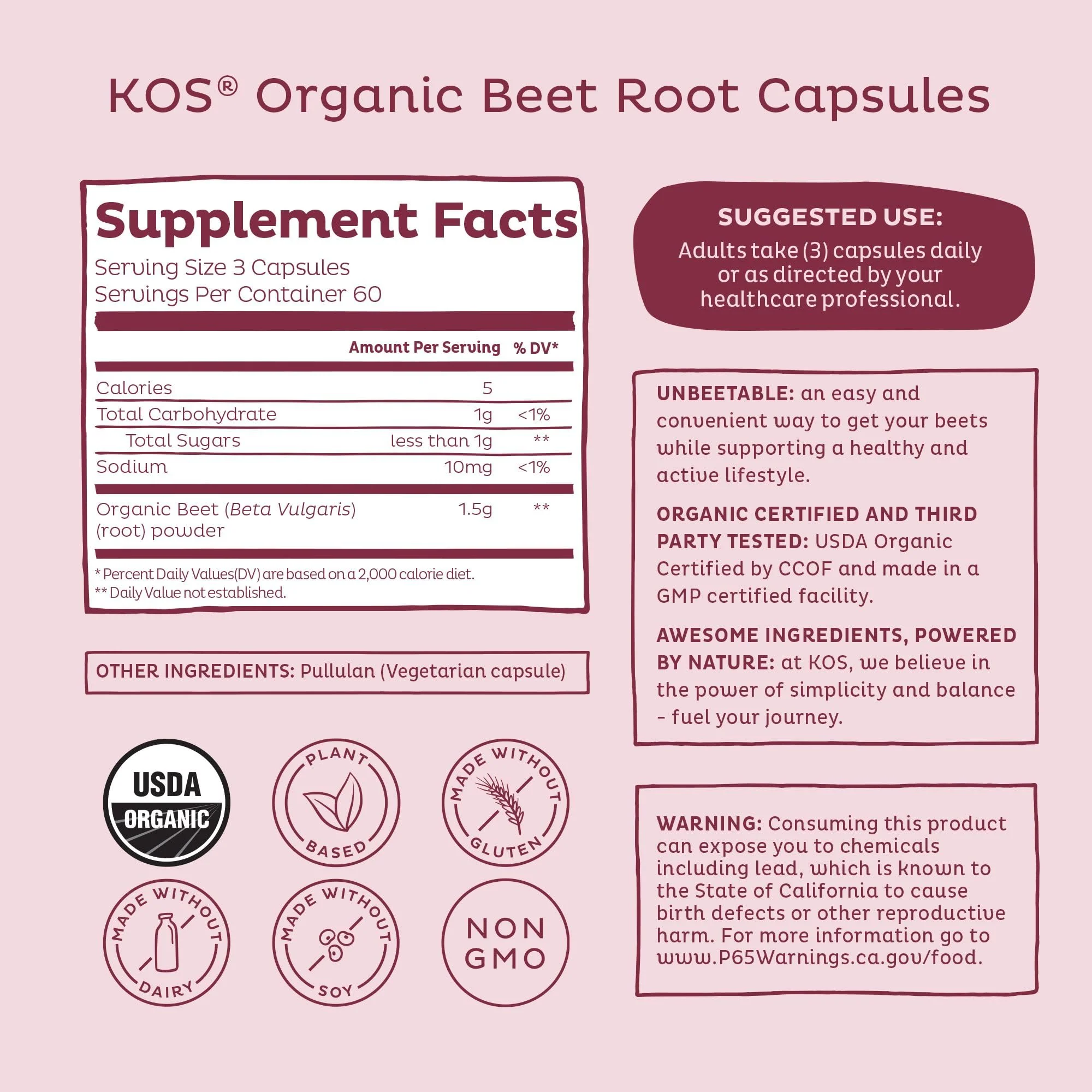 KOS Organic Beetroot Capsules 1500mg - USDA Organic, Antioxidant Power from Organic Beet Root Superfood, Supports Healthy & Active Lifestyle - Non-GMO, Vegan and Keto Friendly - 180 Capsules - Image 3