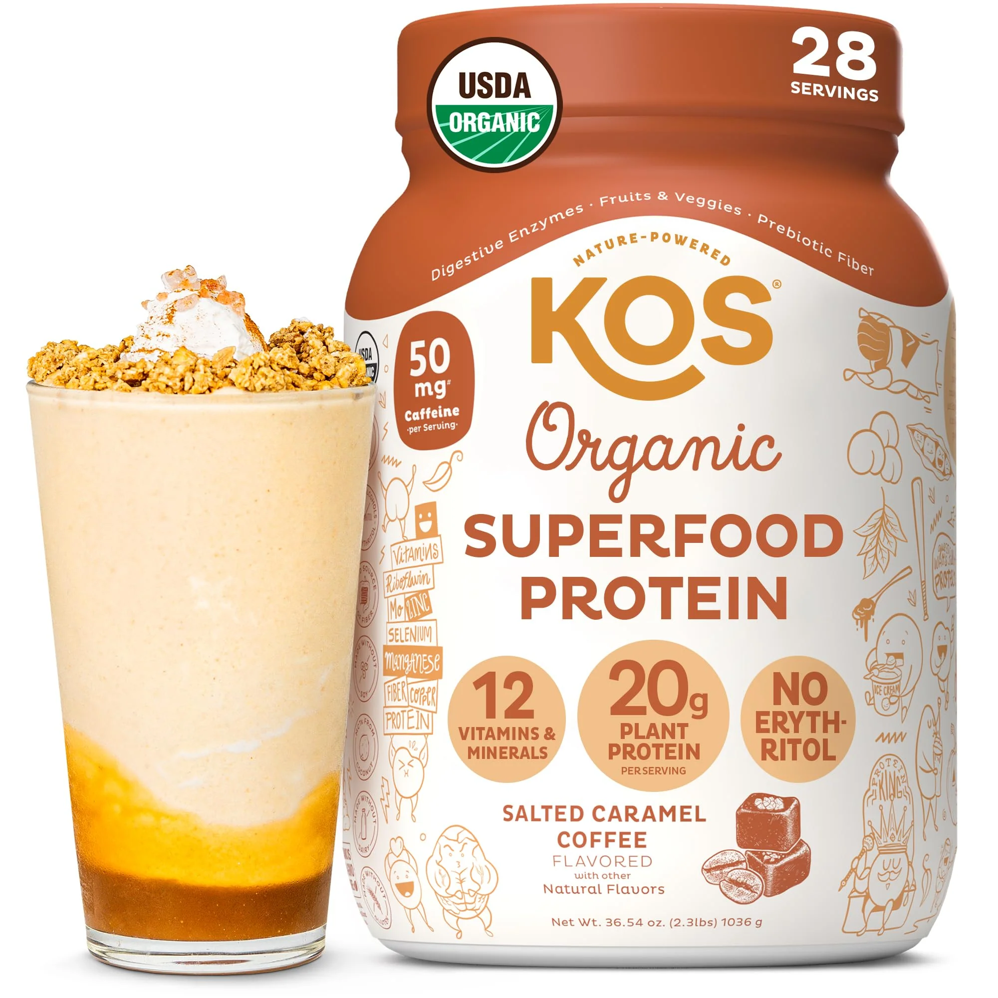KOS Organic Vegan Protein Powder with 50mg Caffeine, Salted Caramel Coffee - Pea Protein Blend, Plant Based Superfood Rich in Vitamins & Minerals - Meal Replacement for Women & Men, 28 Servings