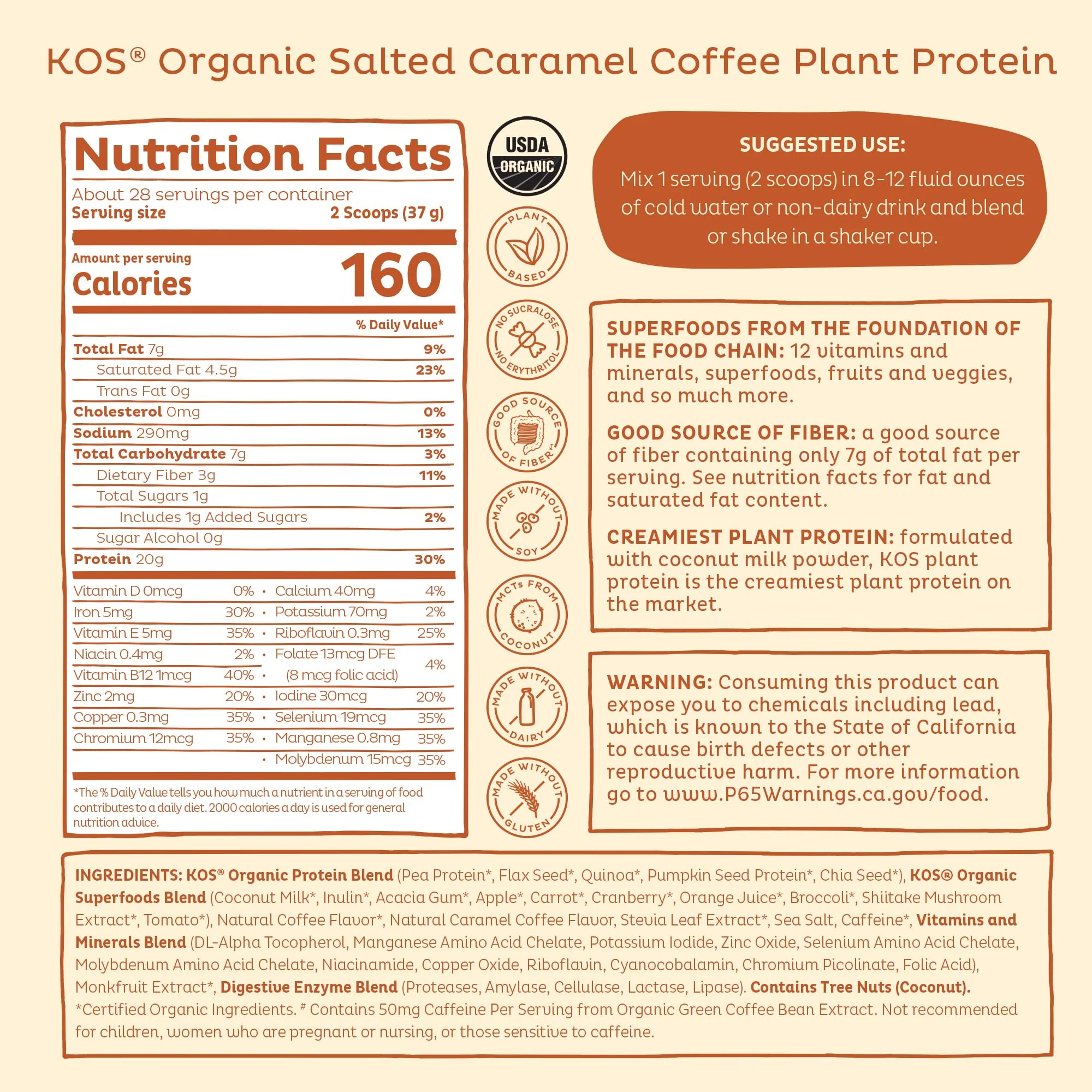 KOS Organic Vegan Protein Powder with 50mg Caffeine, Salted Caramel Coffee - Pea Protein Blend, Plant Based Superfood Rich in Vitamins & Minerals - Meal Replacement for Women & Men, 28 Servings - Image 2