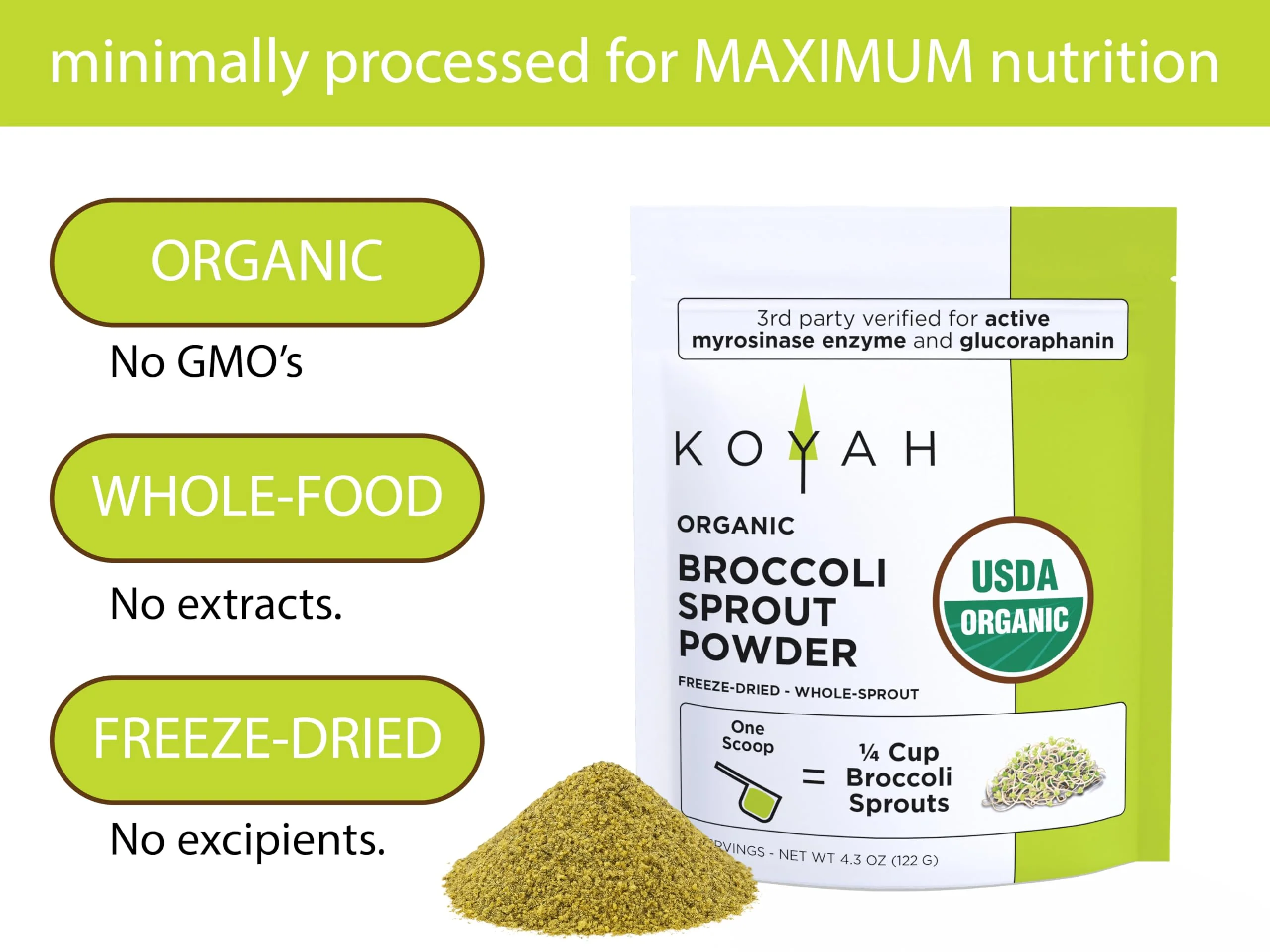 KOYAH - Organic USA Broccoli Sprout Powder (1 Scoop = 1/4 Cup Sprouts): 36 Servings, Freeze-Dried, Tested for Active Myrosinase and Glucoraphanin (Sulforaphane Glucosinolate) - Image 8