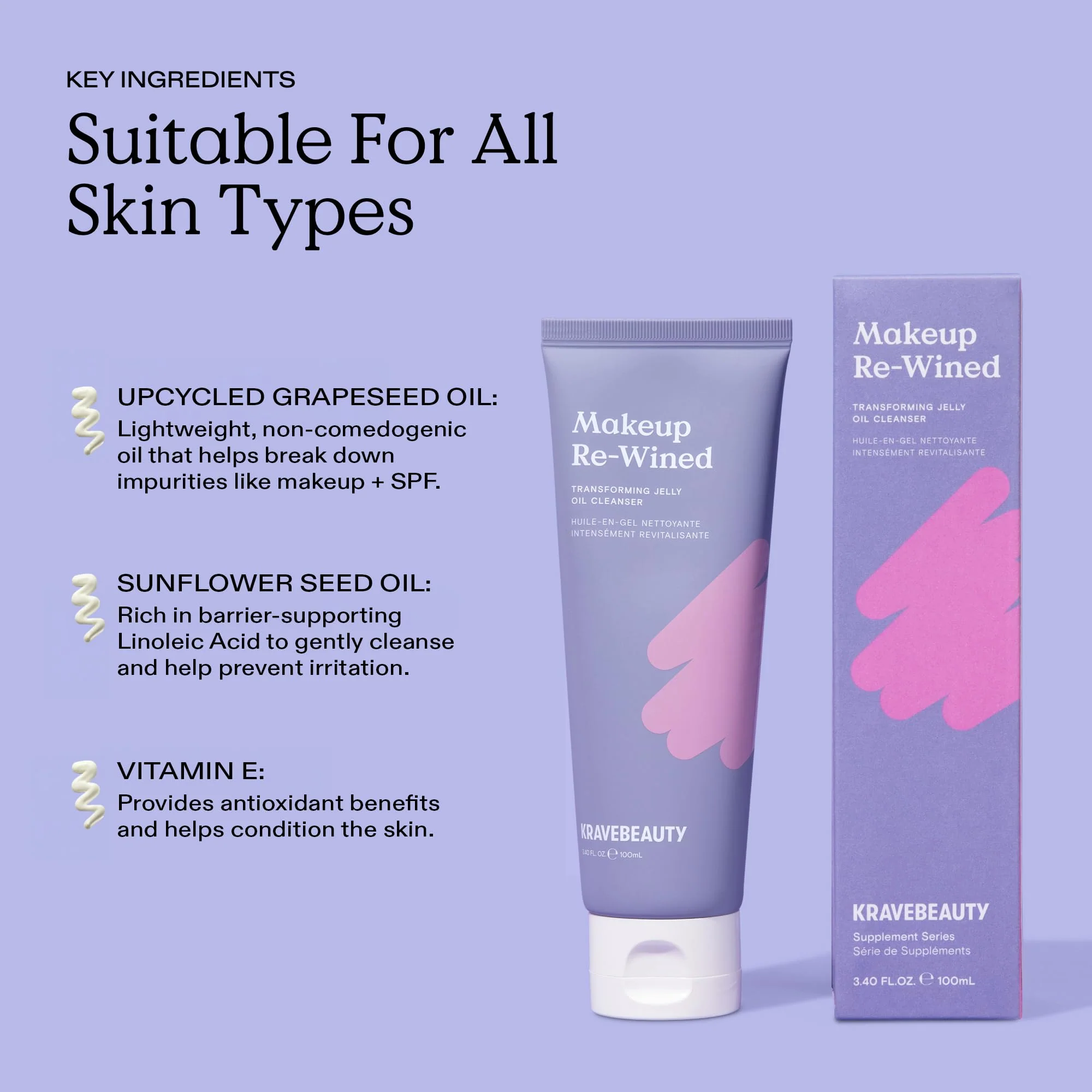 KraveBeauty Makeup Re-wined Cleansing Oil Makeup Remover, Transforming Jelly Oil Cleanser Dissolves Waterproof Makeup & SPF with Sunflower & Grape Seed Oils, Fragrance Free, 100 mL - Image 4
