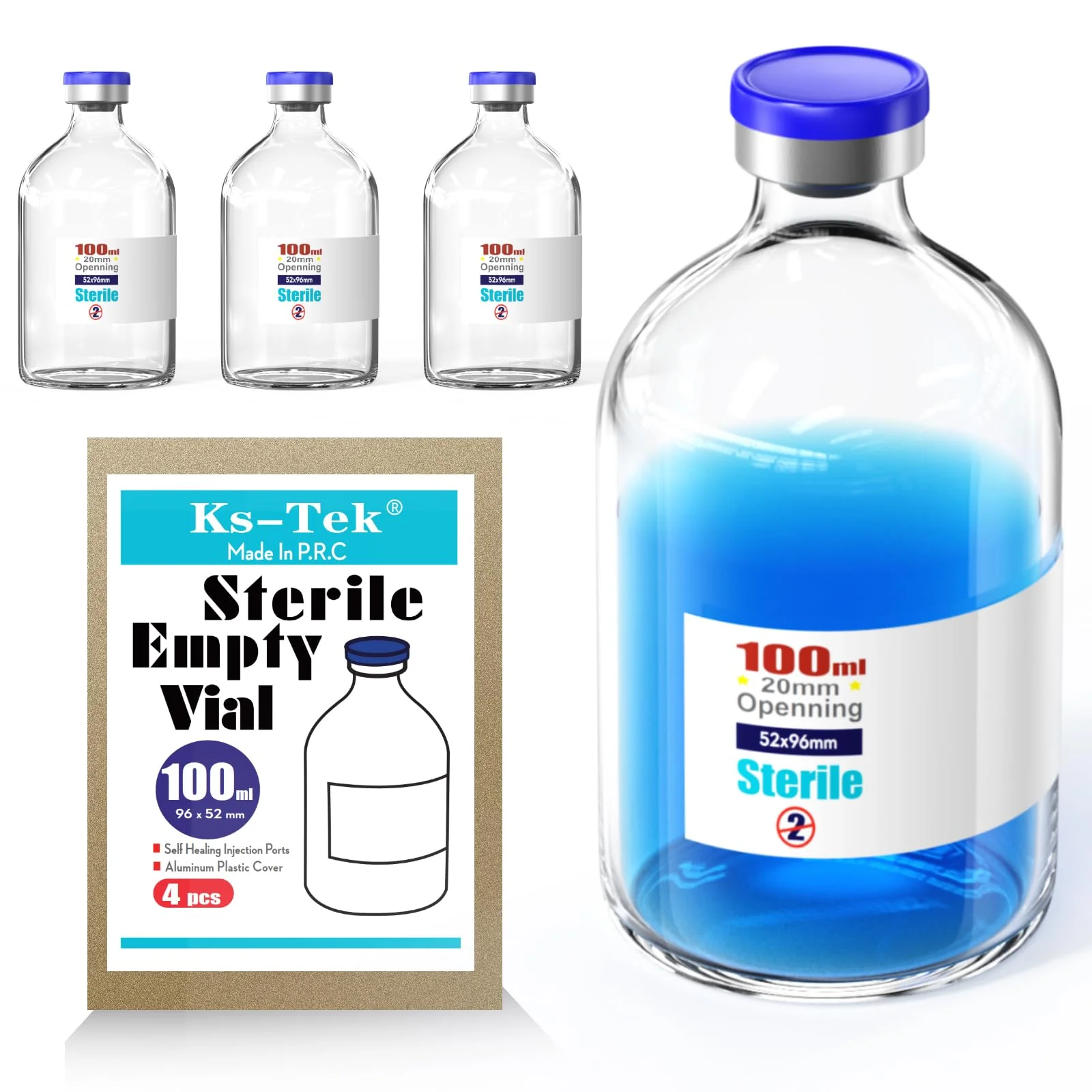 Ks-Tek Sterile Empty Vials with Self Healing Injection Port,with Flip Off Aluminum Cap,Sterile Package (100ml,4) - Image 2