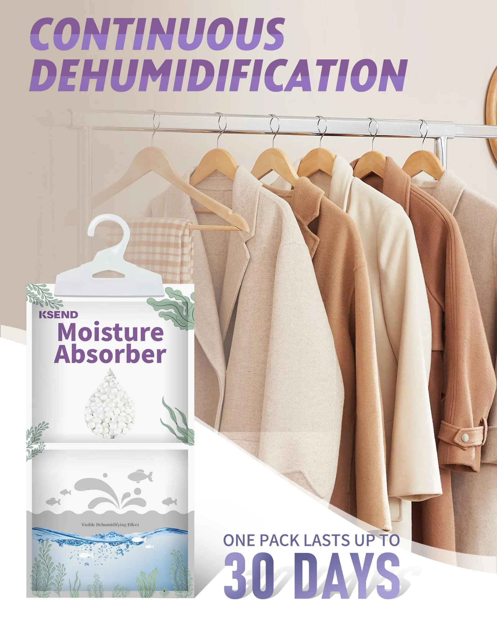 Ksend Moisture Absorbers 8 Packs - 9.8 oz Dehumidifier Bags, Portable Moisture Hanging Bags for Closet, Bathroom and Kitchen, Fragrance Free, 11.8'' x 6.3'' - Image 6