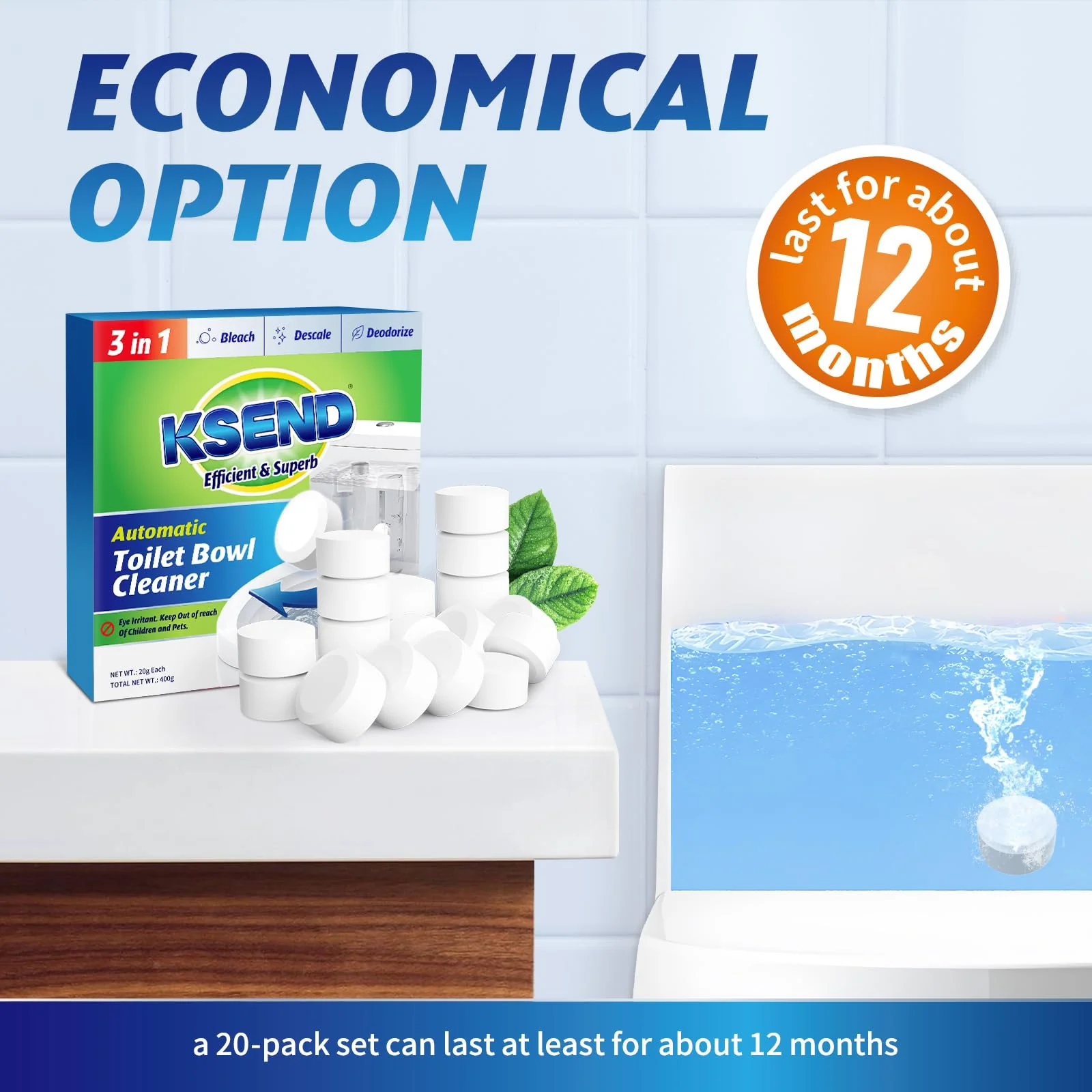 Ksend Toilet Bowl Cleaner Tablets - 40 PCS Automatic Bleach Toilet Cleaner Tablets, Slow-Releasing Deodorizing & Descaling, Powerful Bathroom Tank Cleaner - Image 2