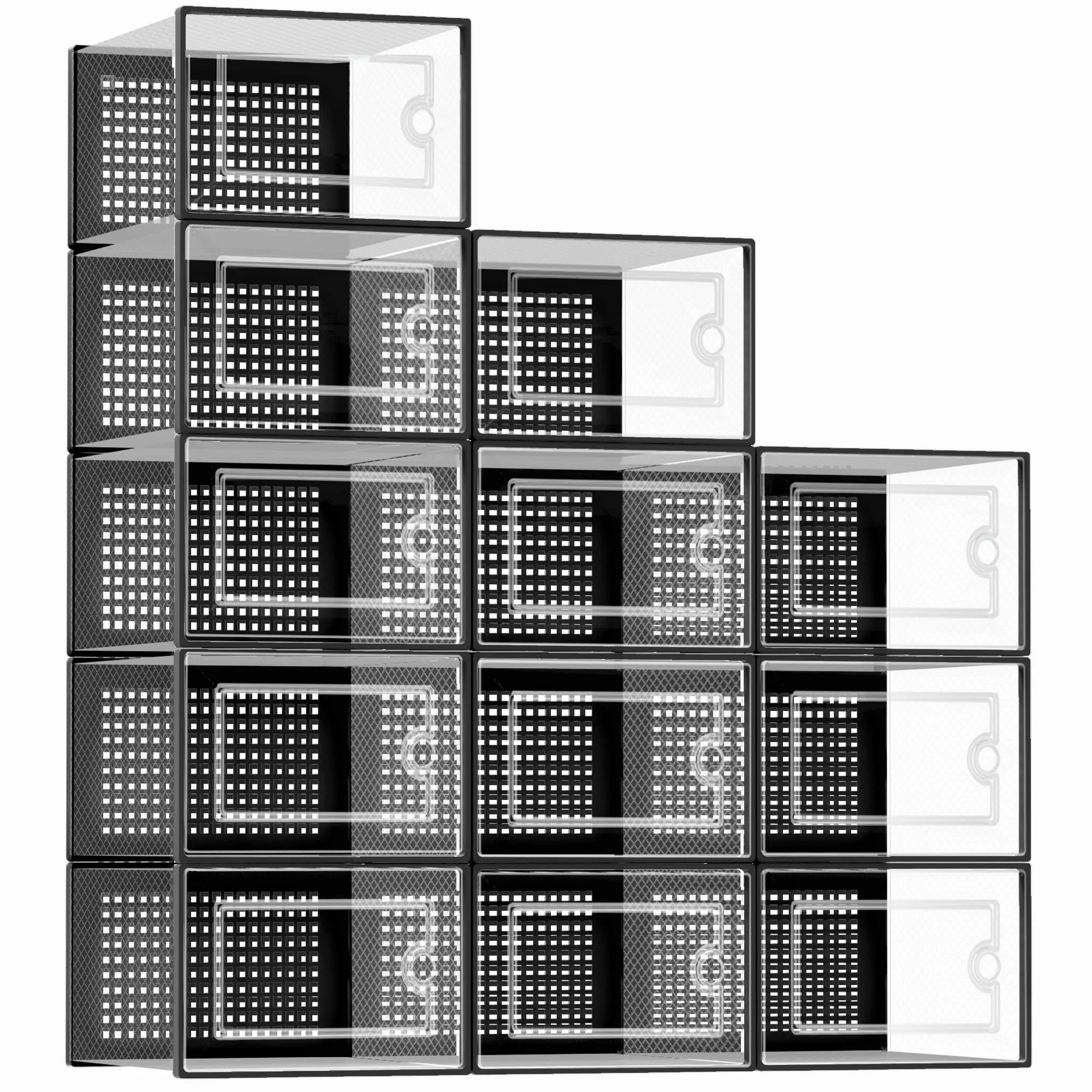 Kuject X-Large Shoe Storage Boxes Organizers Clear Plastic Stackable 12 Pack, Shoe Rack & Holder Substitute, Sneaker Containers, Toy Storage Organizer Bins for Entryway, Closet, Under Bed, Black - Image 2