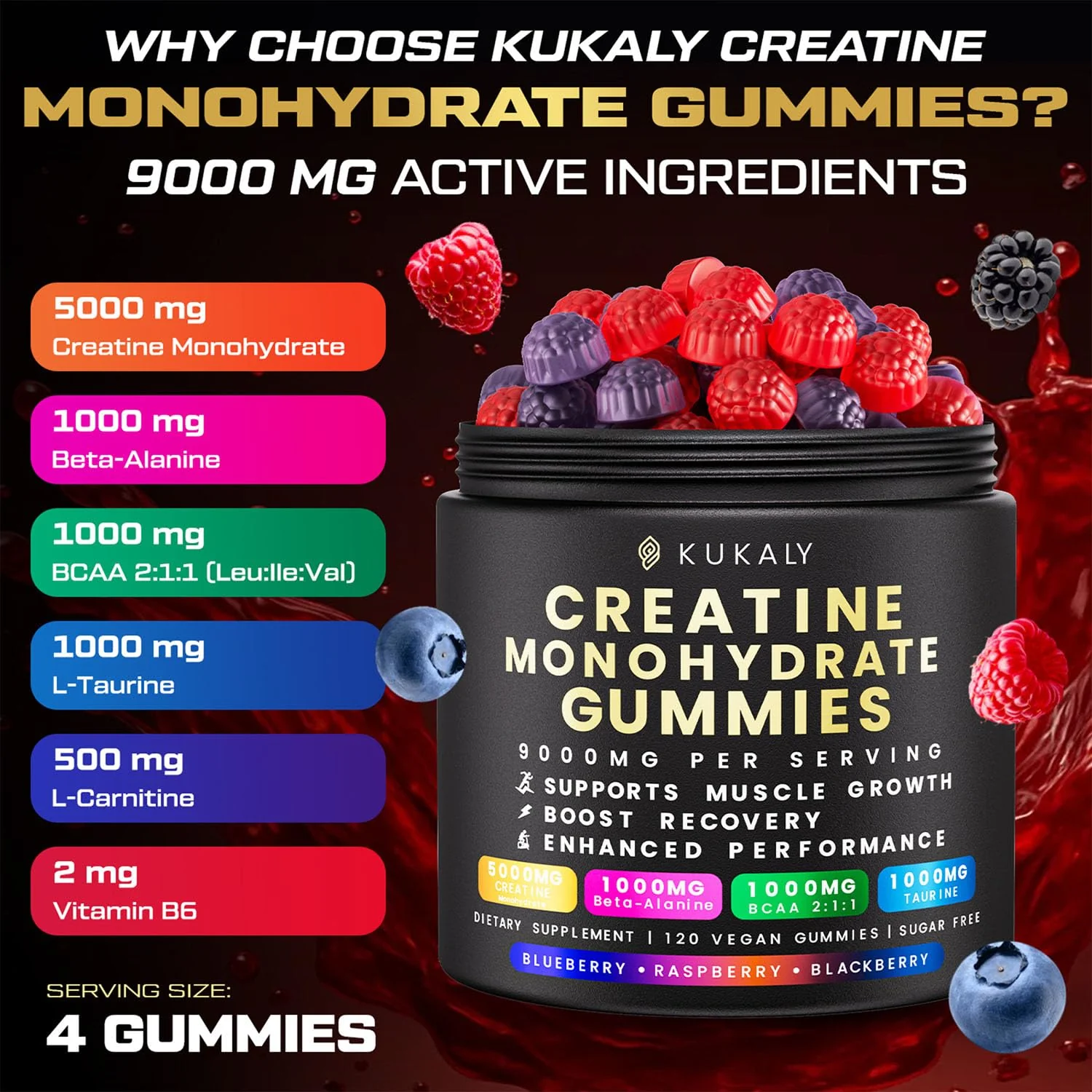 KUKALY Creatine Monohydrate Gummies for Men & Women, 9000MG Creatine Gummies Sugar Free Mixed Flavored with L-Taurine, BCAA 2:1, B12 B6 for Boost Strength, Focus & Endurance, Vegan, Non-GMO, 2 Bottle - Image 2