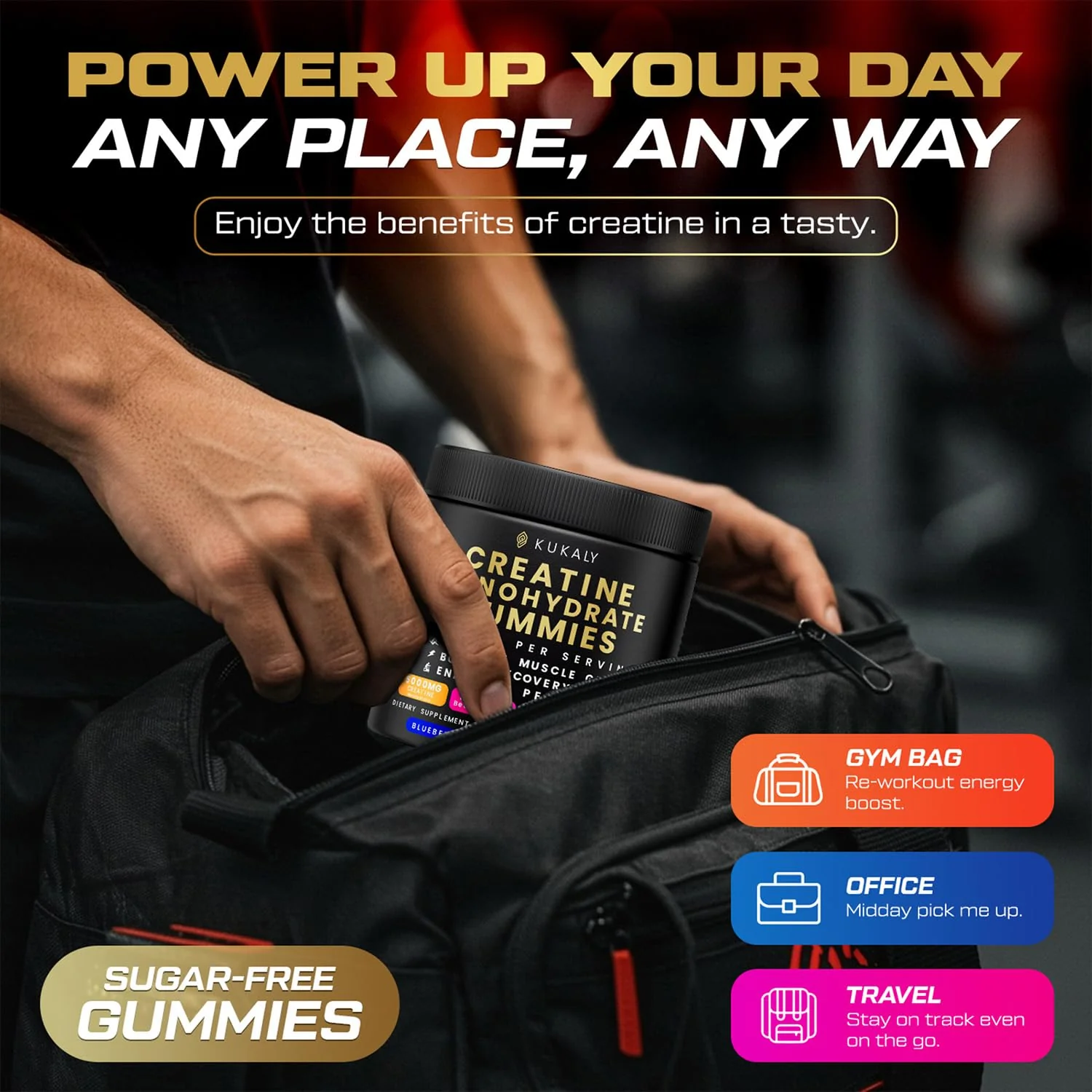 KUKALY Creatine Monohydrate Gummies for Men & Women, 9000MG Creatine Gummies Sugar Free Mixed Flavored with L-Taurine, BCAA 2:1, B12 B6 for Boost Strength, Focus & Endurance, Vegan, Non-GMO, 2 Bottle - Image 3