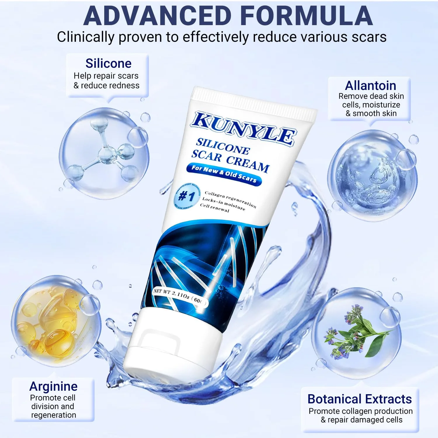 Kunyle Scar Cream, Silicone Scar Gel, Advanced Scar Removal Cream for Surgical Scars, Stretch Marks Removal, Keloid Bump Removal, Old and New Scars 2.11 Oz (60g) - Image 5