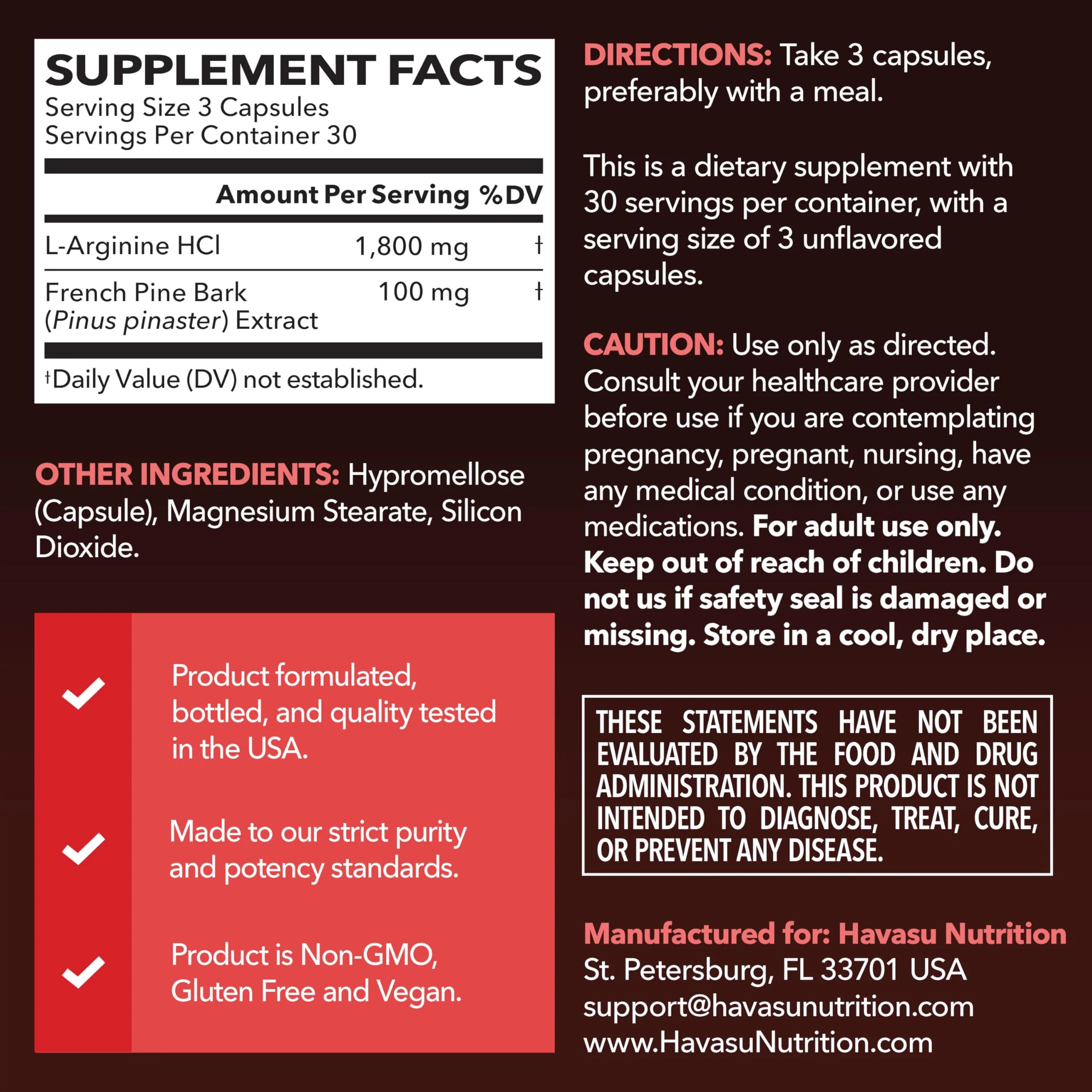 L-Arginine 1800mg and Pine Bark Extract 100mg - Nitric Oxide Supplement for Men - Performance Supplement for Men's Health - 90 Count - Endurance, Recovery Support - Vegan, Non-GMO Capsules - Image 2